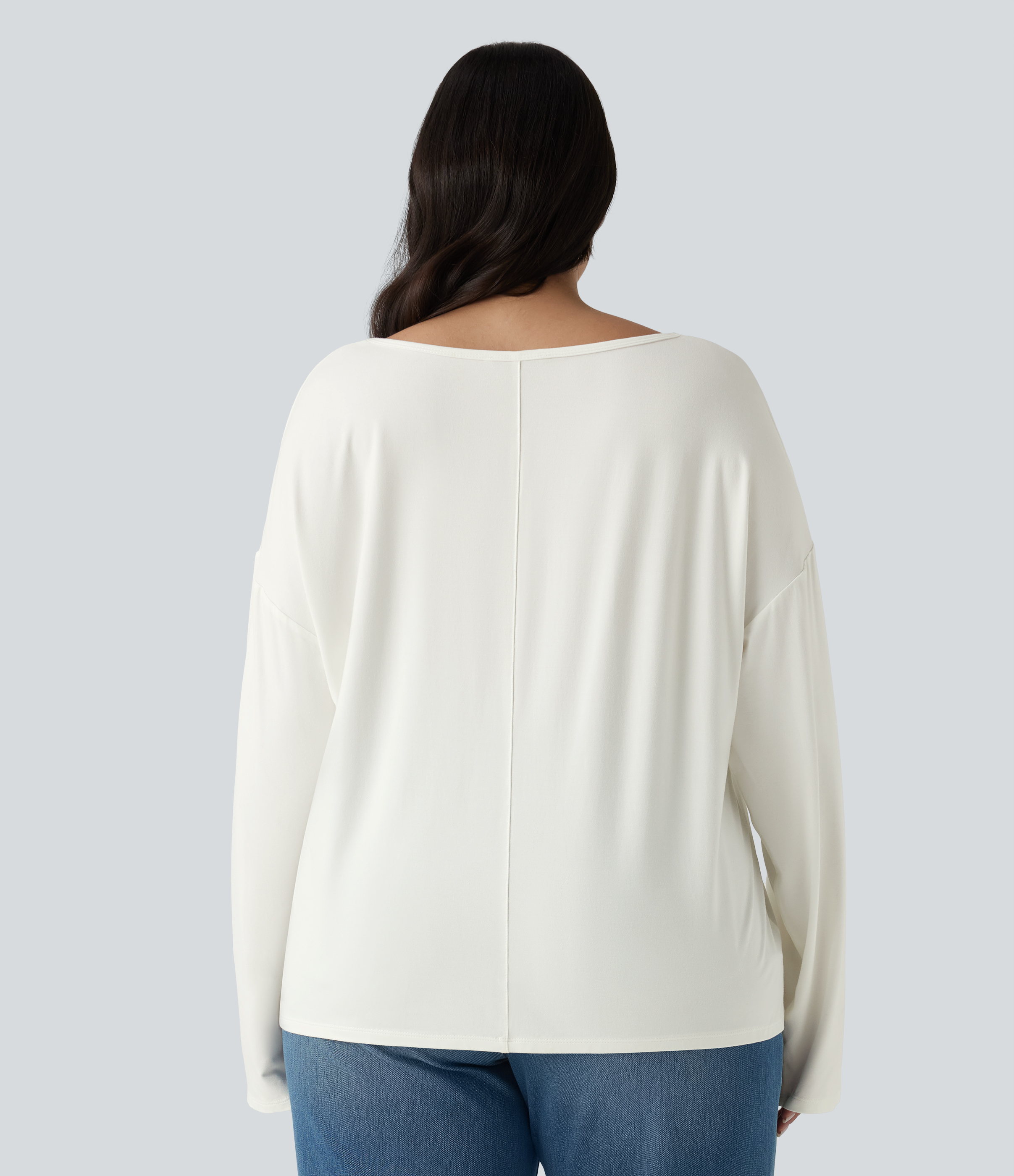 Hvit Plus size V-hals langermet hverdags-topp / 2