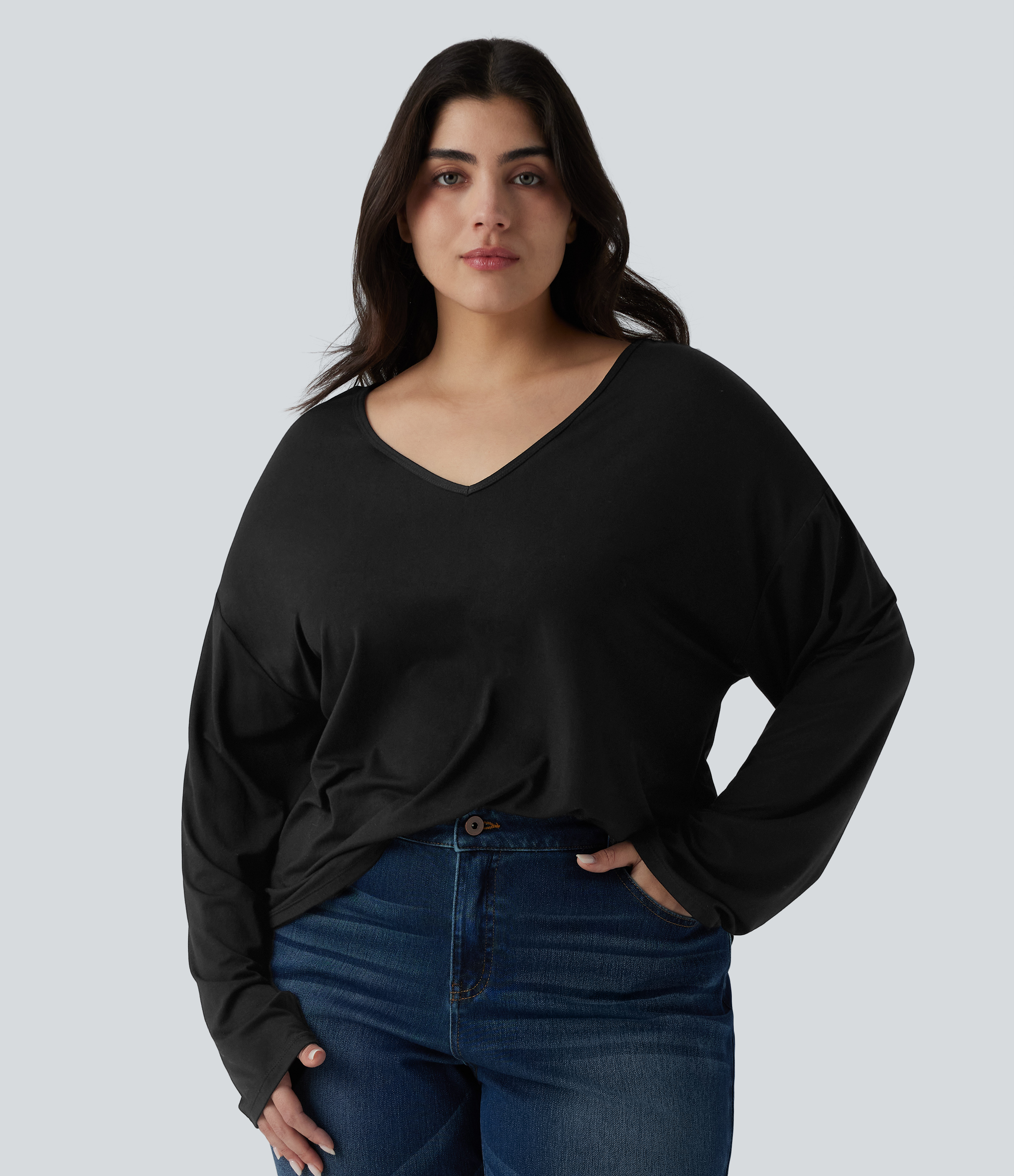 Plus Size V Neck Long Sleeve Casual Top