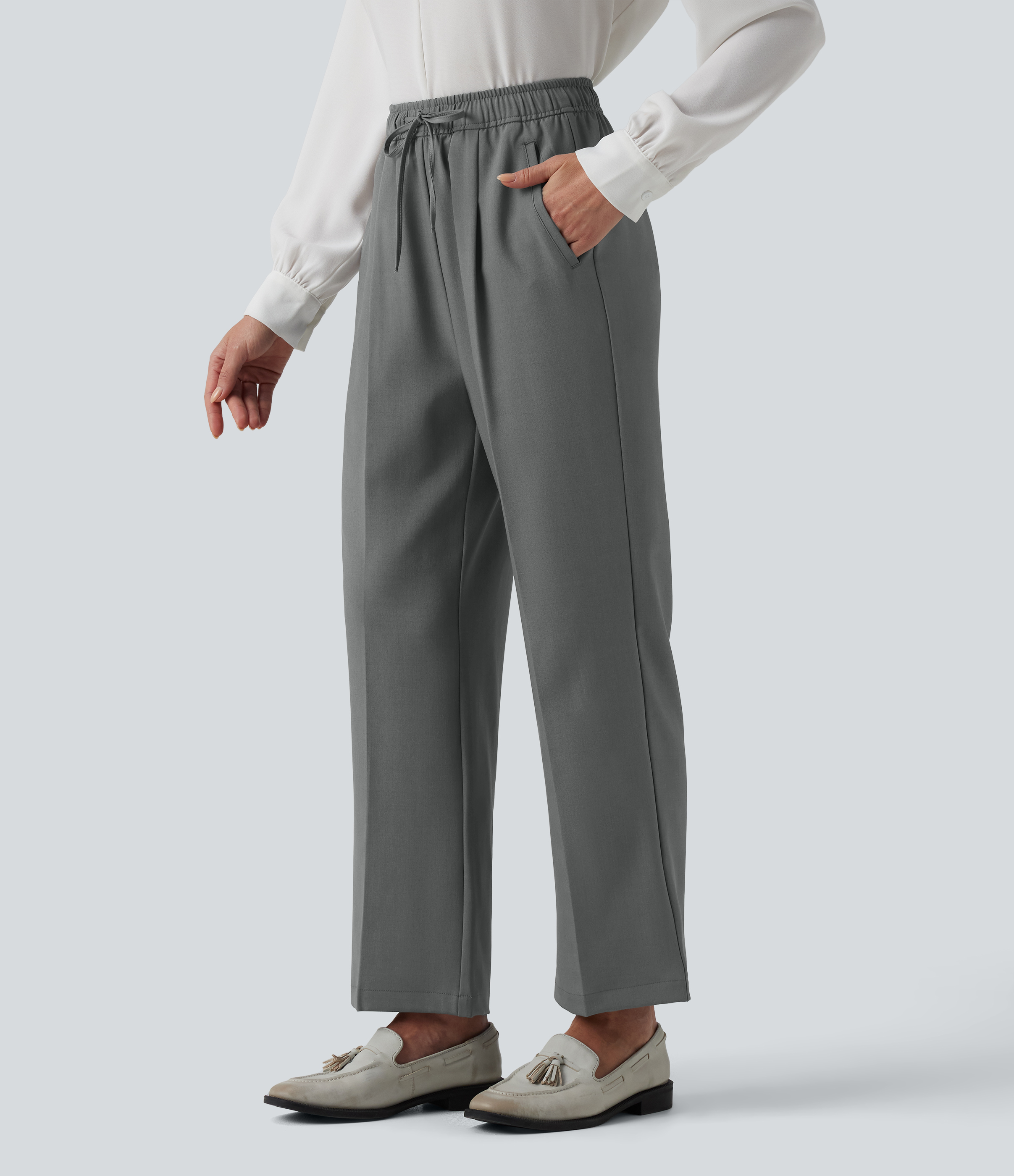 Pantalon tailleur coupe droite taille haute à cordon de serrage avec poches