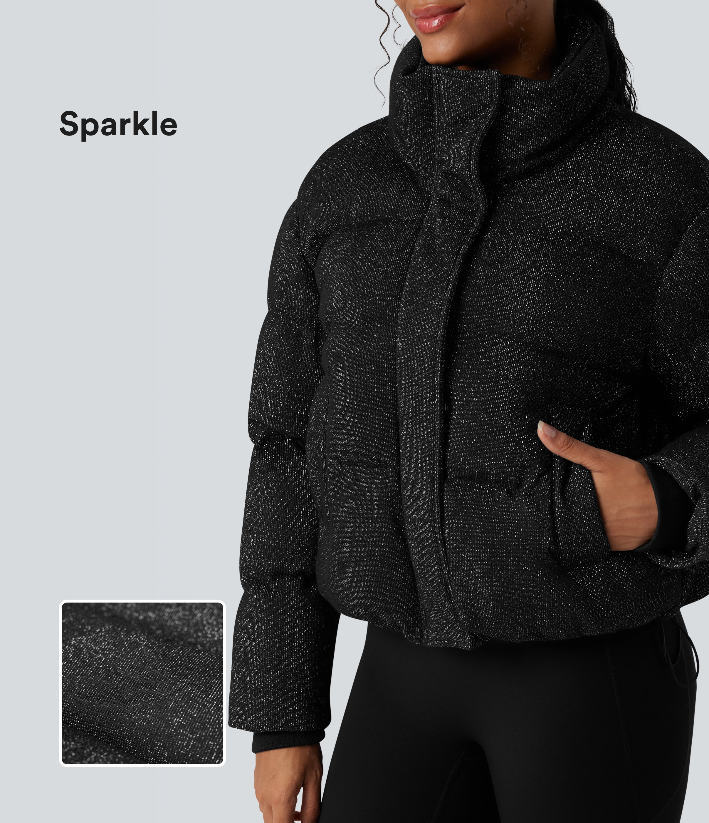 High Neck Drawstring Hem Sparkle Casual Puffer Jacket with Pockets