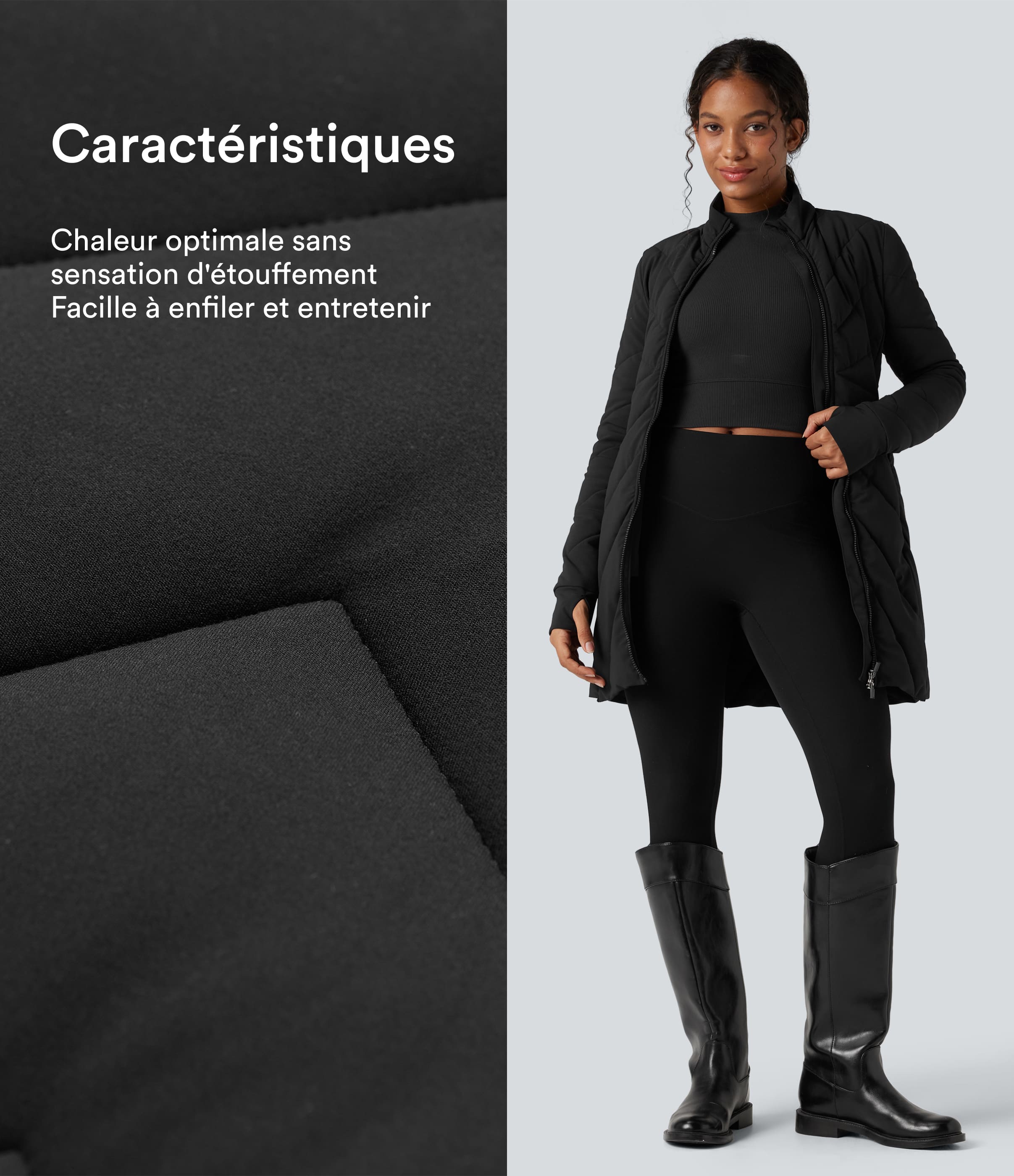 Noir Doudoune PuffFlex col montant double zip avec passants pouces avec poches / 2