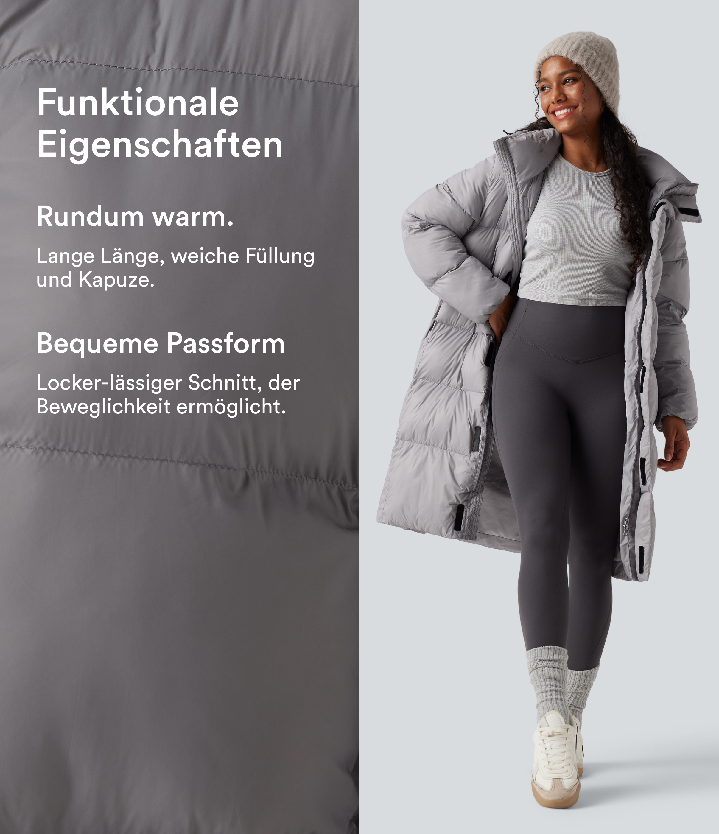 Quiet Gray Lässige, lange Pufferjacke mit Kapuze, Seitentaschen, Reißverschluss und langen Ärmeln / 2