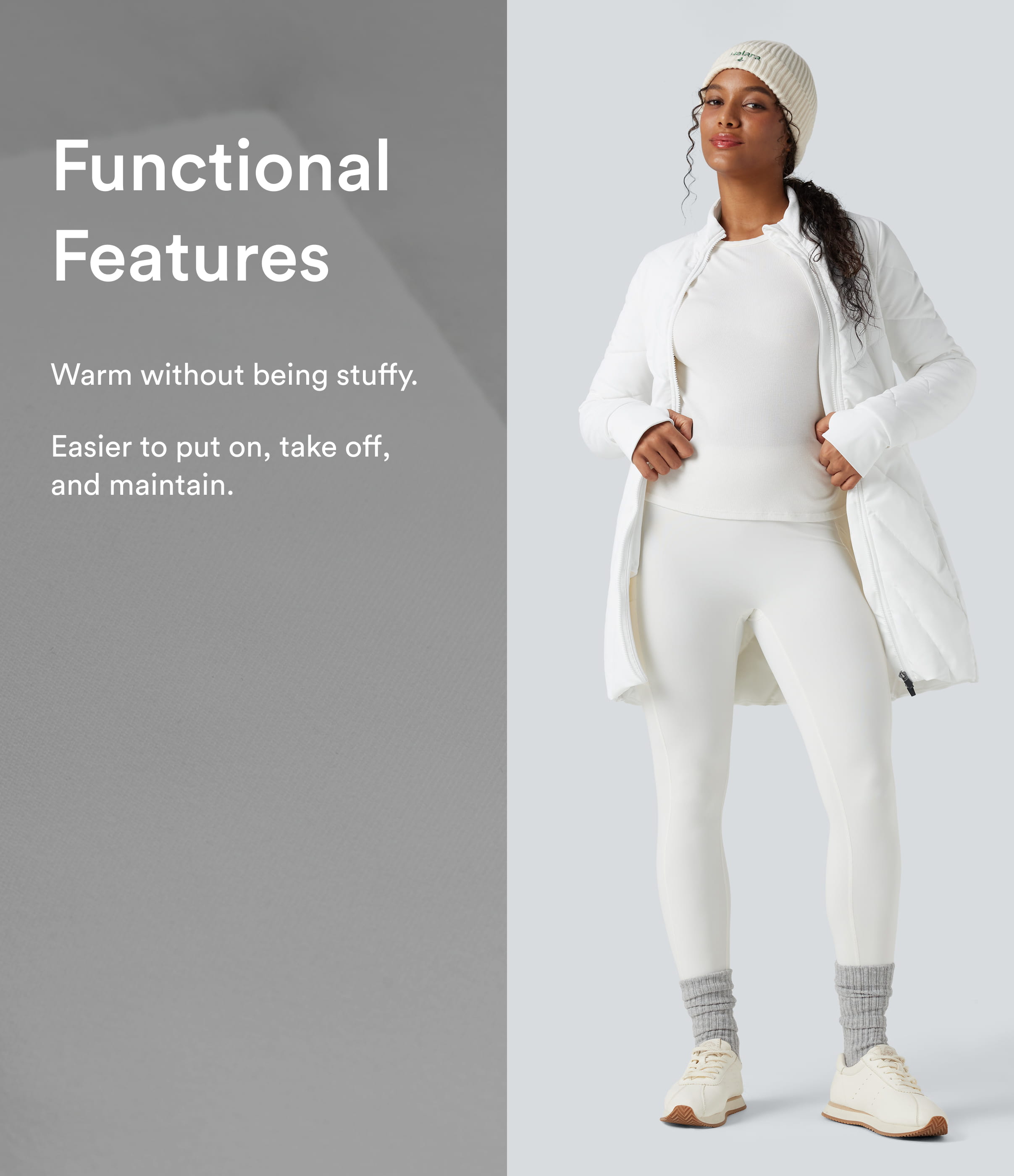 White PuffFlex Stand Collar Double Zipper Thumb Holes Casual Padded Jacket with Pockets / 2