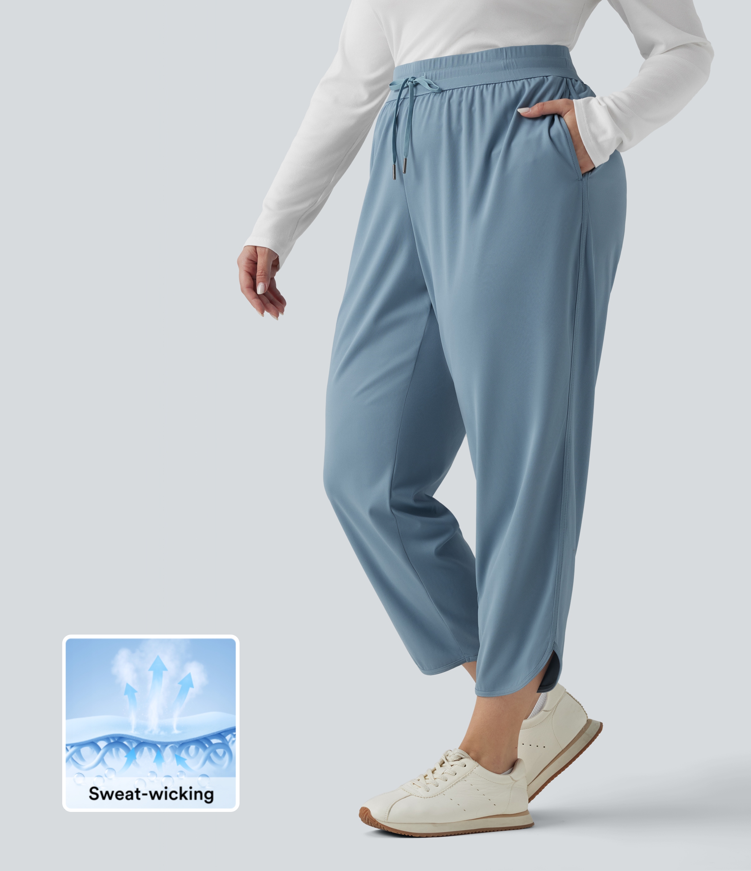 Pantalon de golf slim à taille mi-haute, poches latérales, cordon de serrage et ourlet arrondi - Grandes tailles, séchage rapide, protection UPF 40+