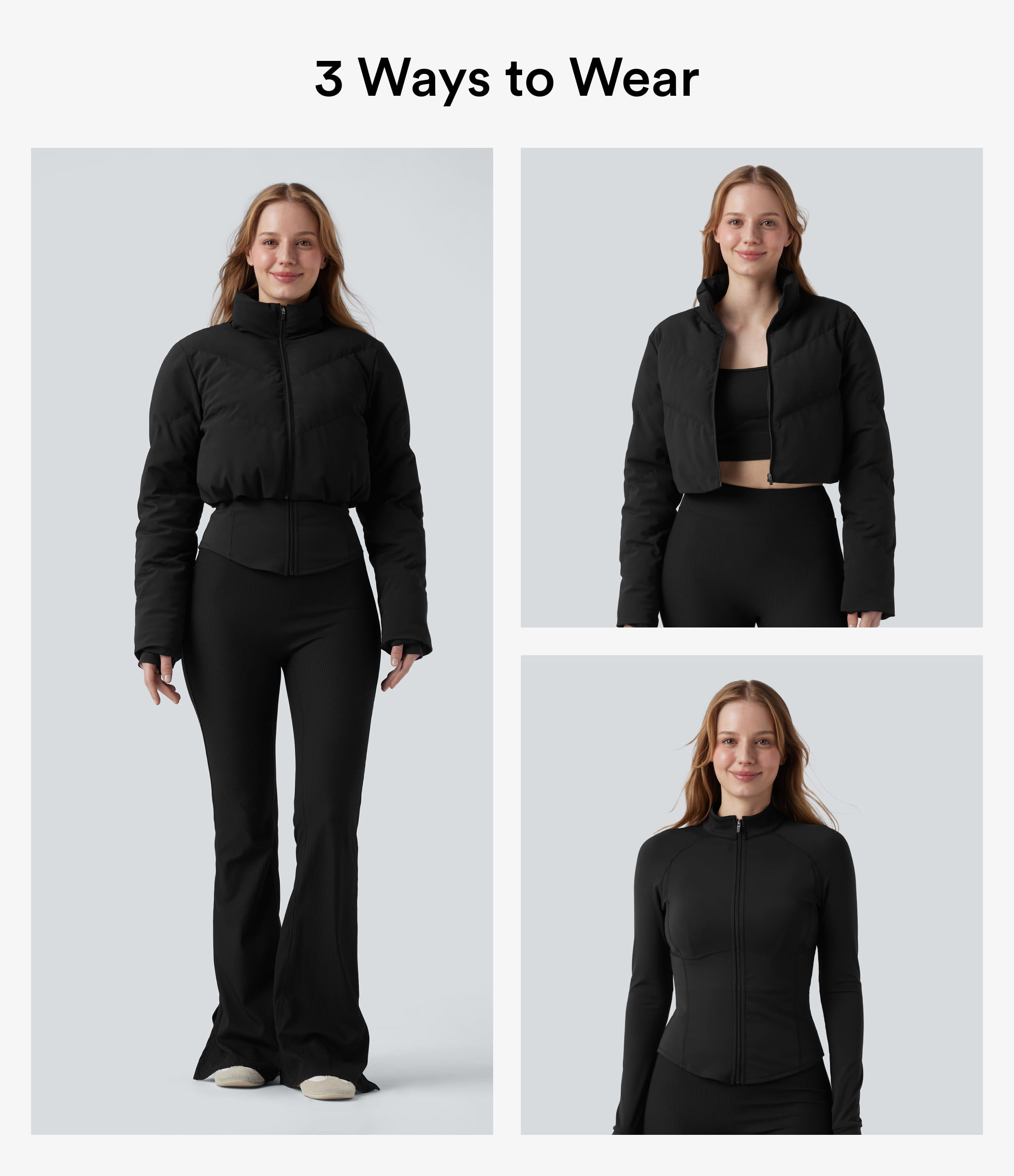 Black PuffFlex 3-in-1 Stand Collar Casual Cropped Puffer Coat & Thumb Holes Curved Hem Jacket with Pocket / 2