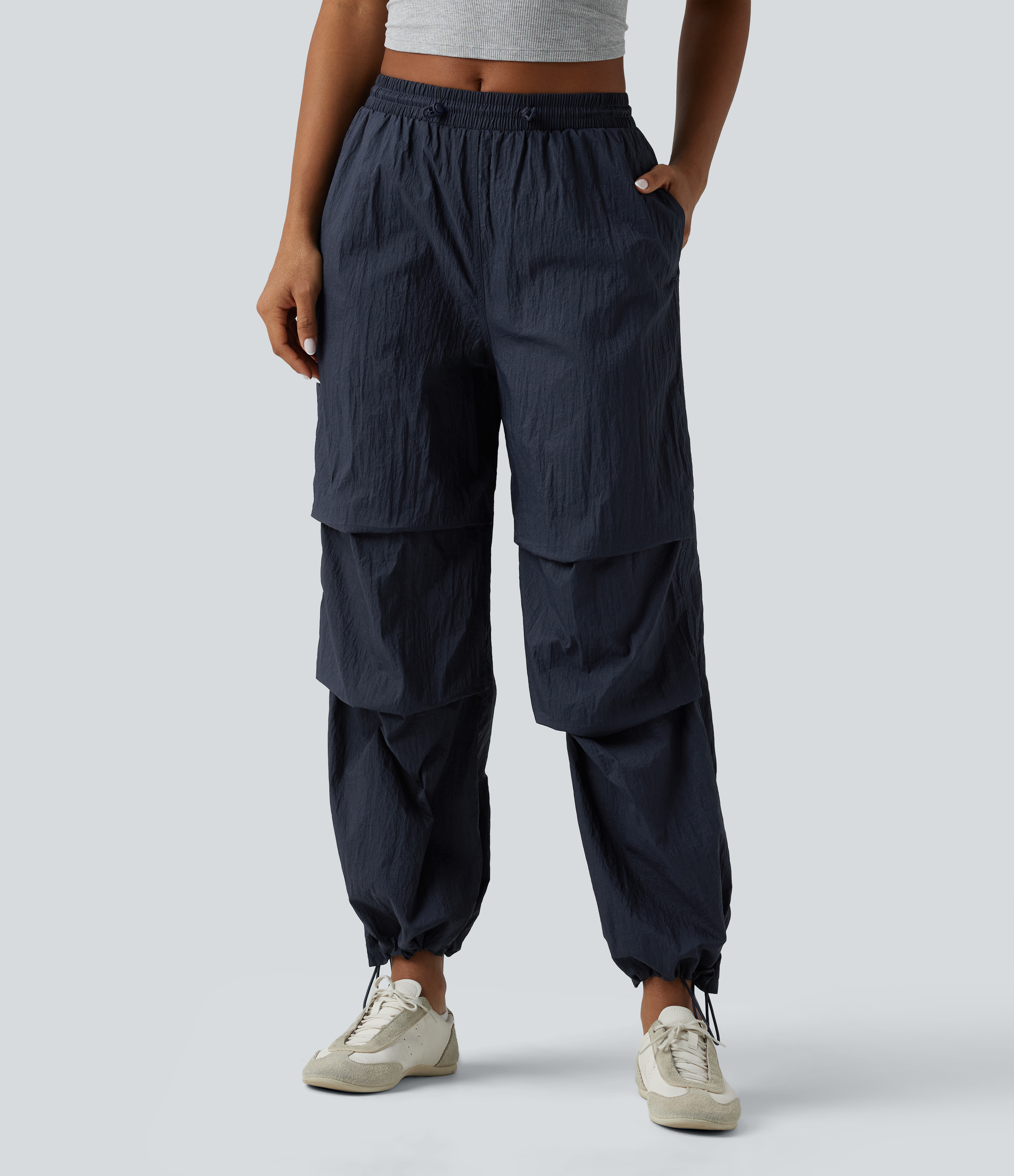 Lightweight Durable Water Repellent Mid Rise Straight Leg Casual Parachute Joggers with Pockets