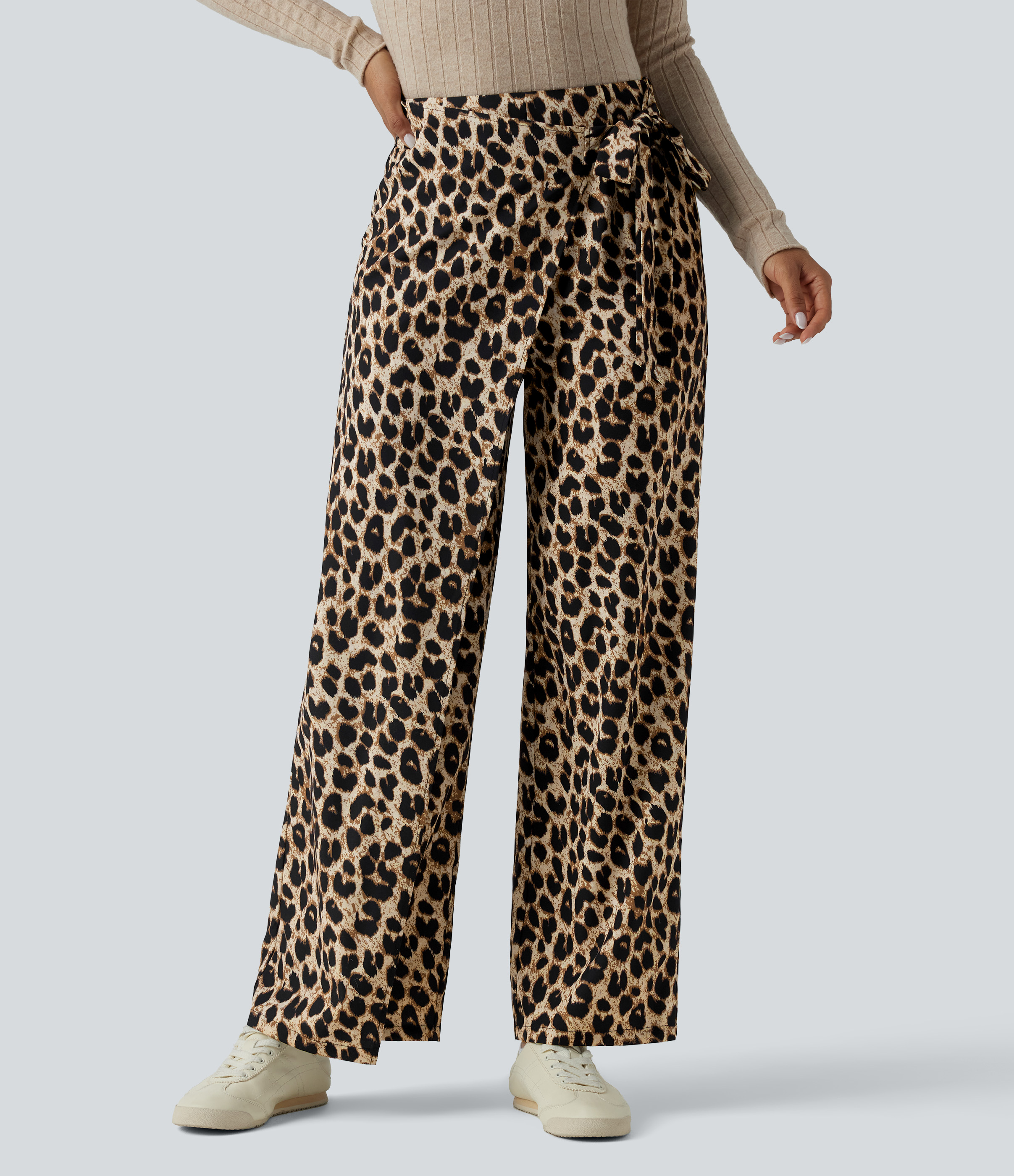 Gold Leopard Print High Waisted Tie Side Wide Leg Leopard Print Work Trousers / 2