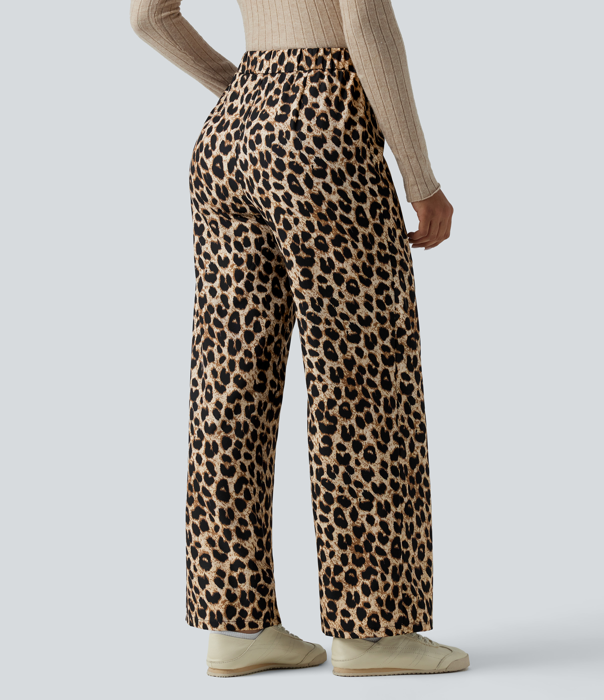 High Waisted Tie Side Wide Leg Leopard Print Work Pants
