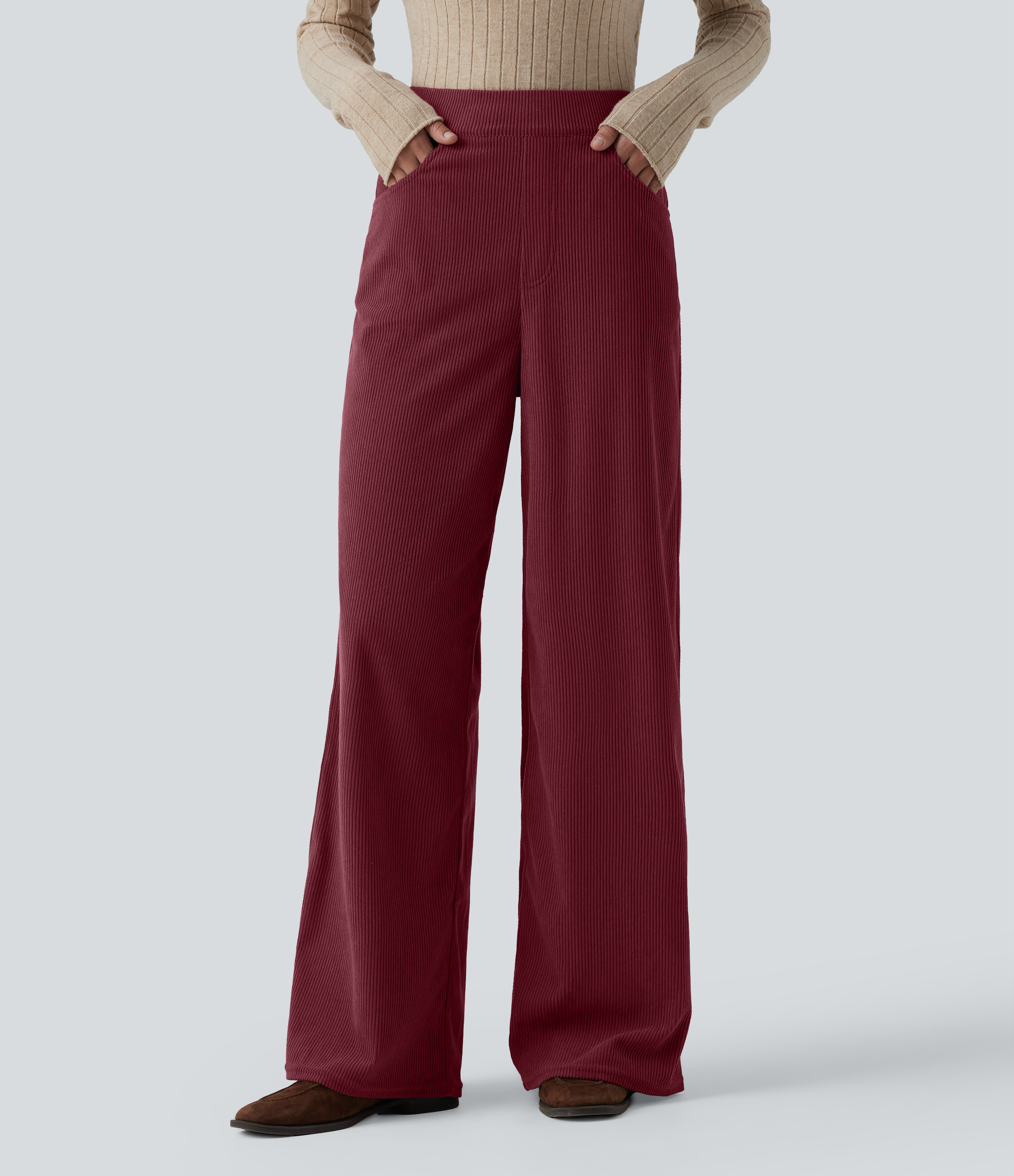 Pantalon velours côtelé tailleur et large Halara Flex™, taille haute, avec poches