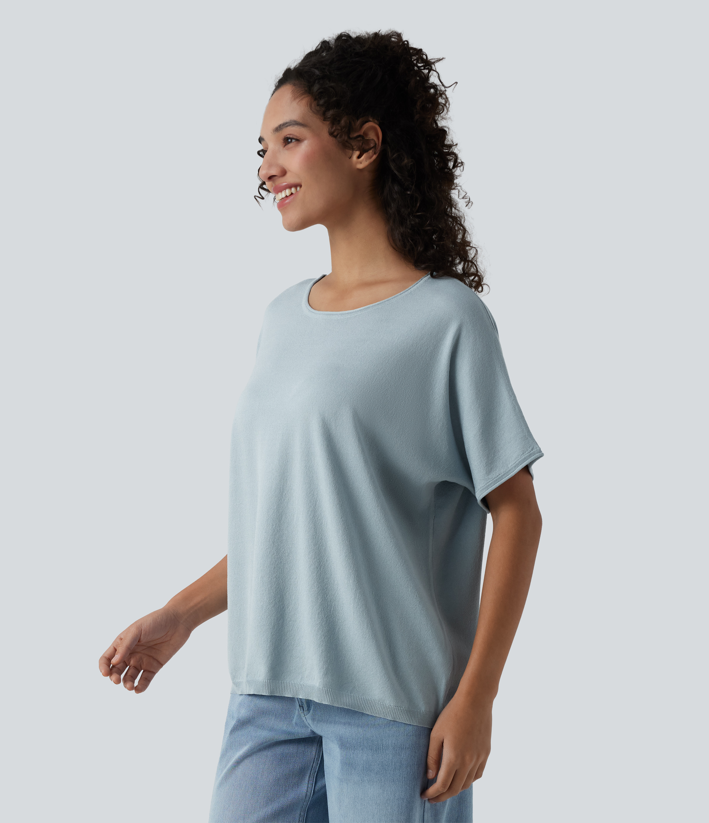 Round Neck Batwing Short Sleeve Casual Sweater