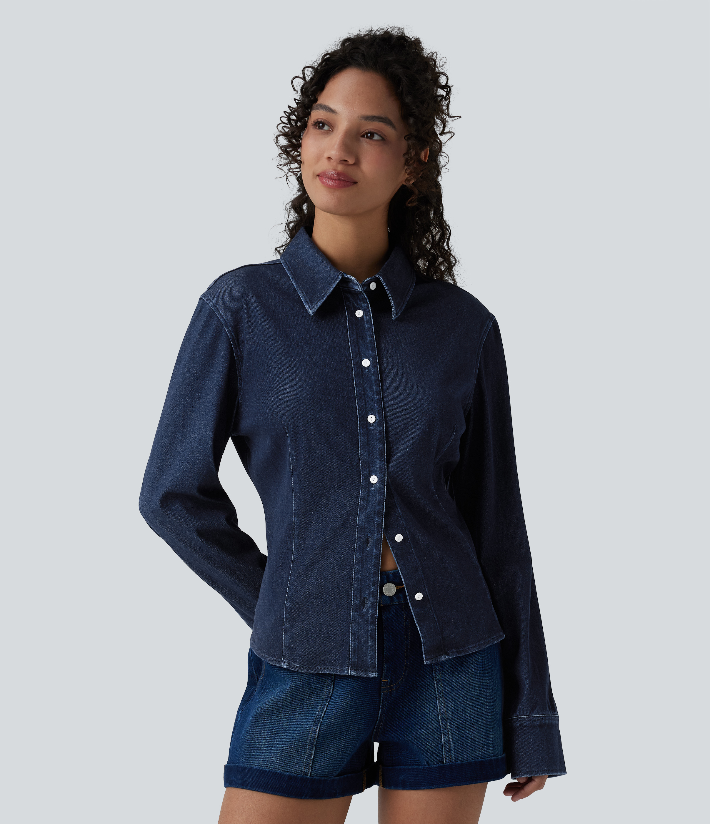 Halara Flex™ - Lässiges Jeanshemd aus drapiertem Lyocell mit Kragen und langen Ärmeln