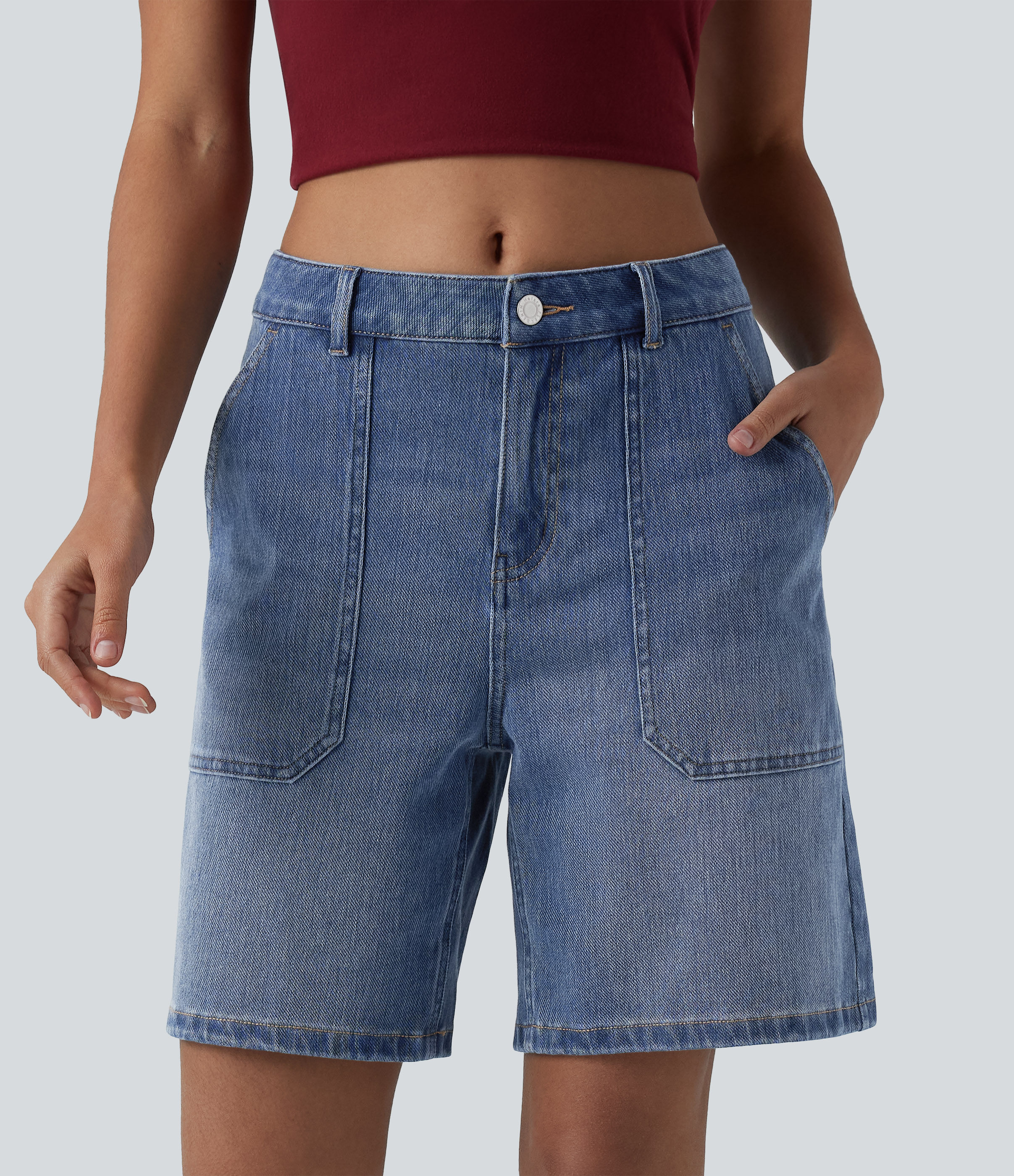 Halara Flex™ mid-rise relaxed fit loose wash denim shorts with pockets