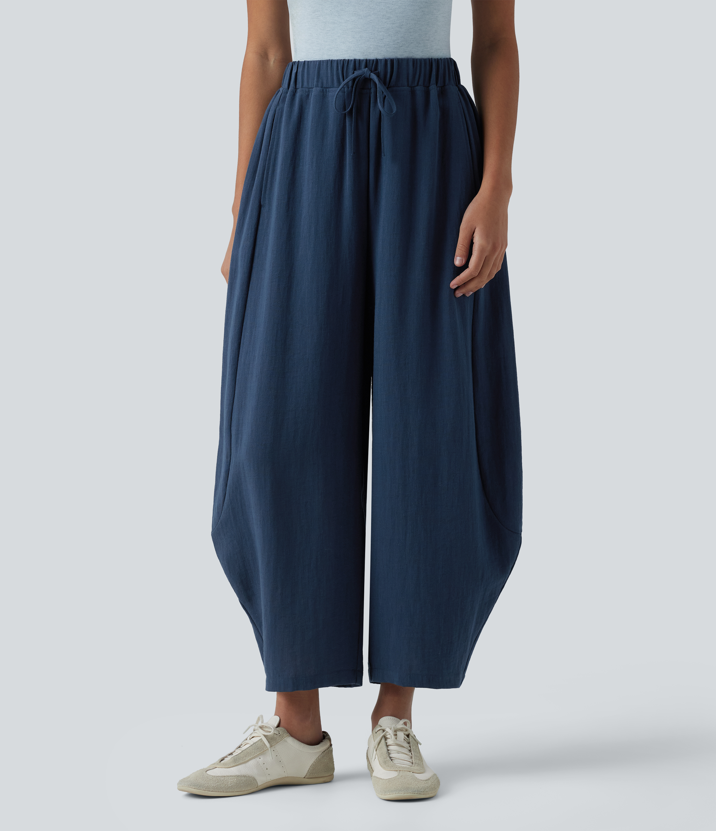 High Waisted Drawstring Barrel Leg Casual Linen-Feel Trousers with Pockets