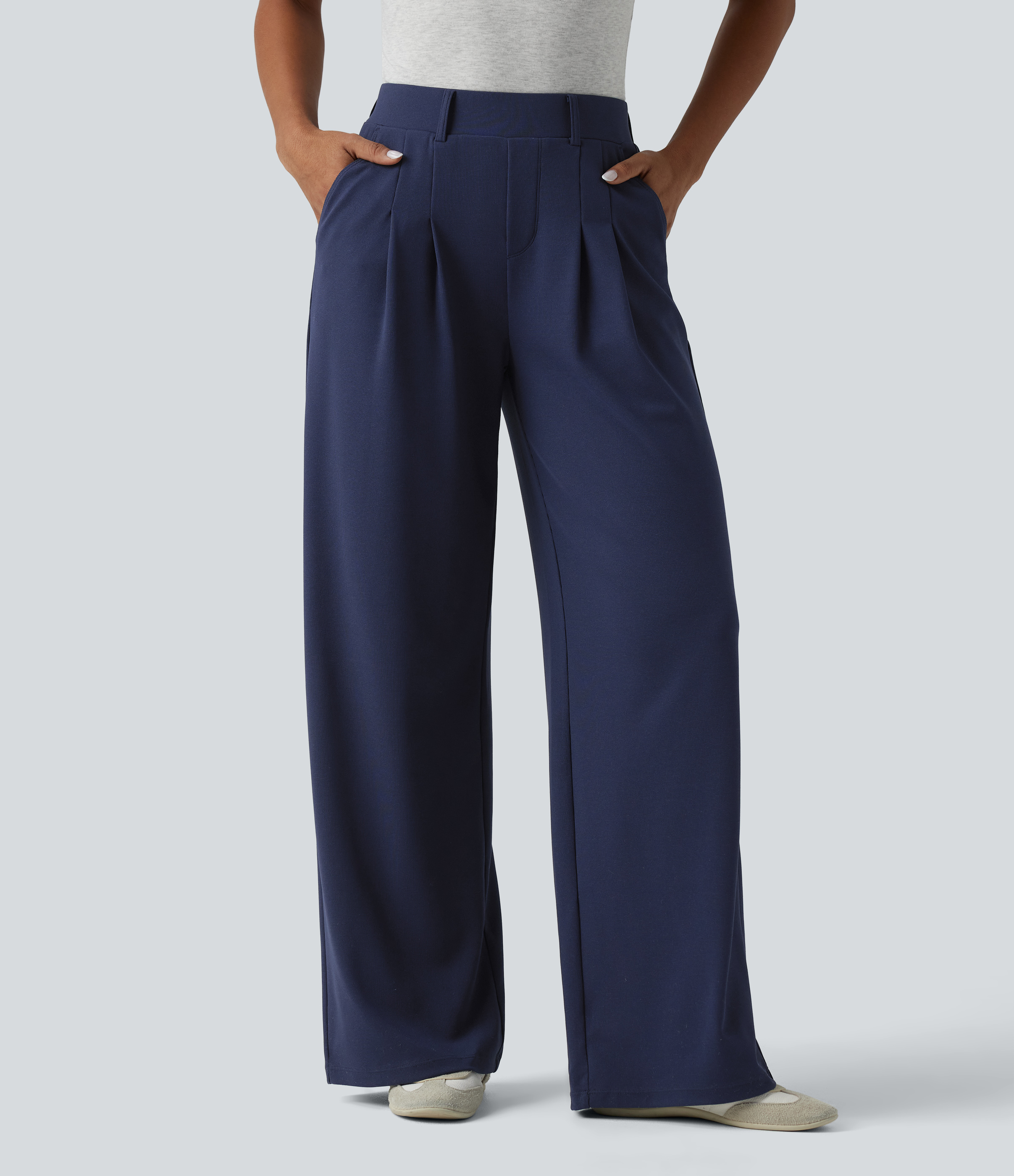 Mid Rise Wide Leg Waffle Casual Pants with Pockets