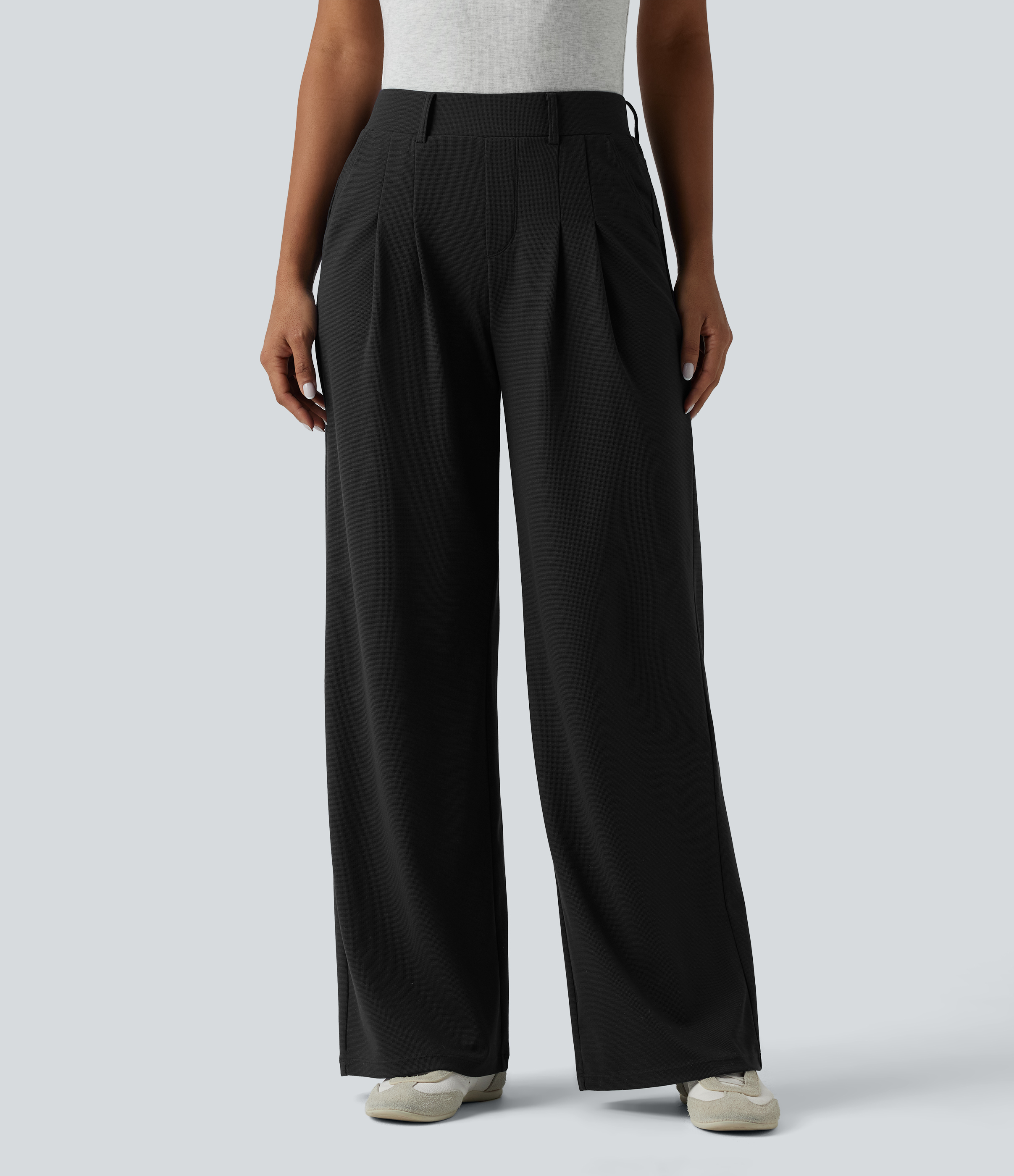 Mid Rise Wide Leg Waffle Casual Pants with Pockets