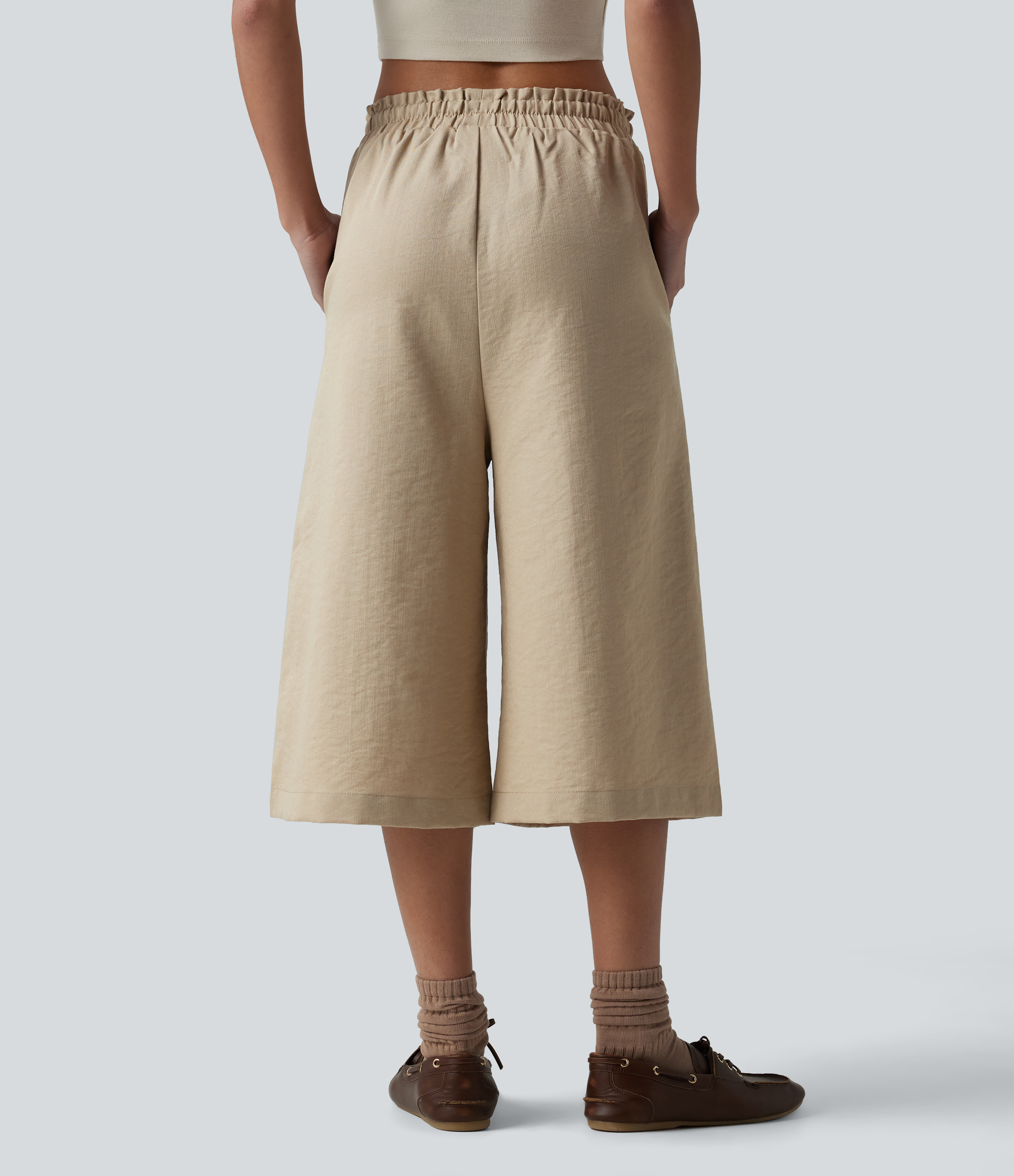 Safari Mid Rise Drawstring Frill Trim Linen-Feel Casual Capri Baggy Pants with Pockets / 2