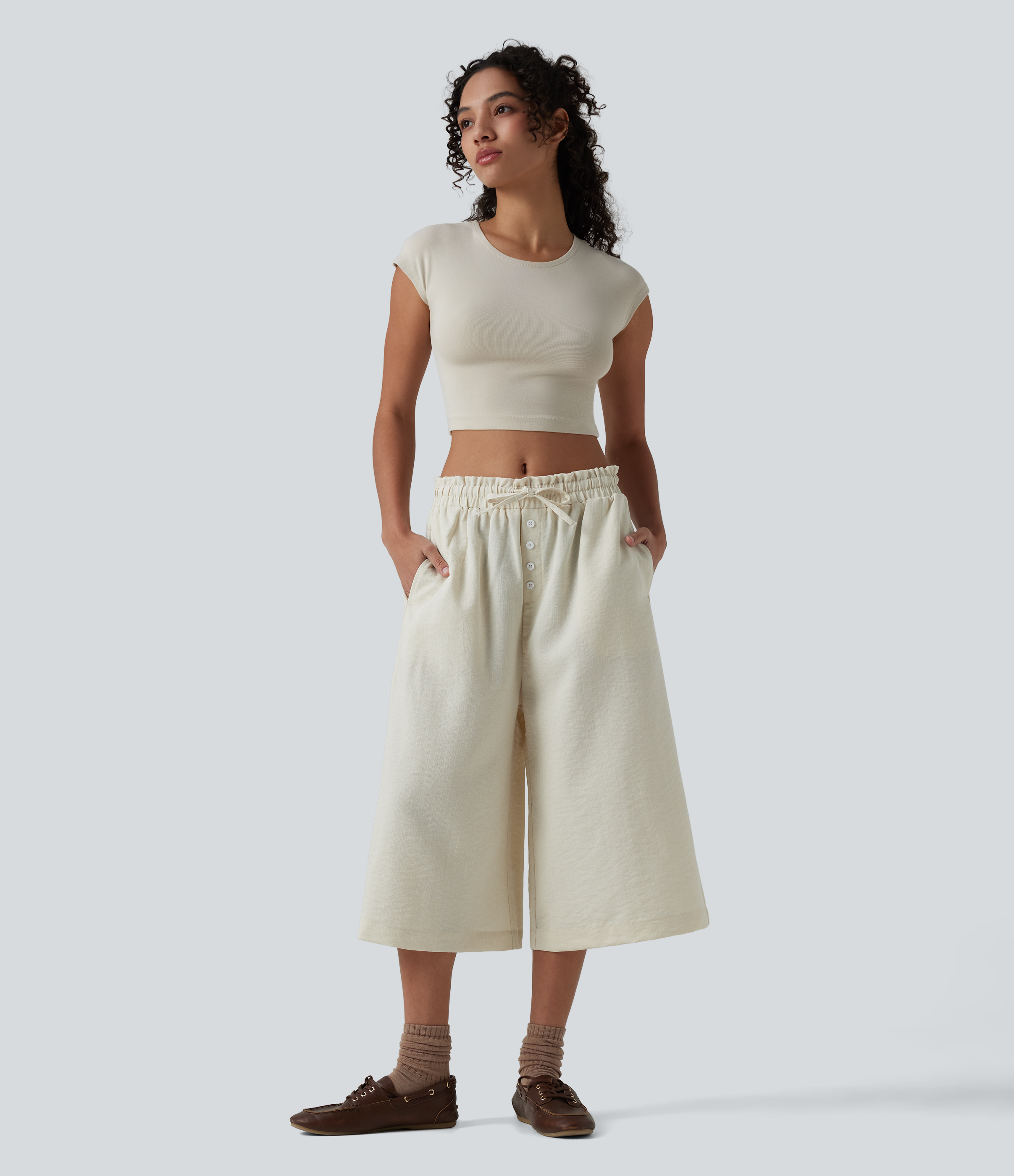 Mid Rise Drawstring Frill Trim Linen-Feel Casual Capri Baggy Pants with Pockets