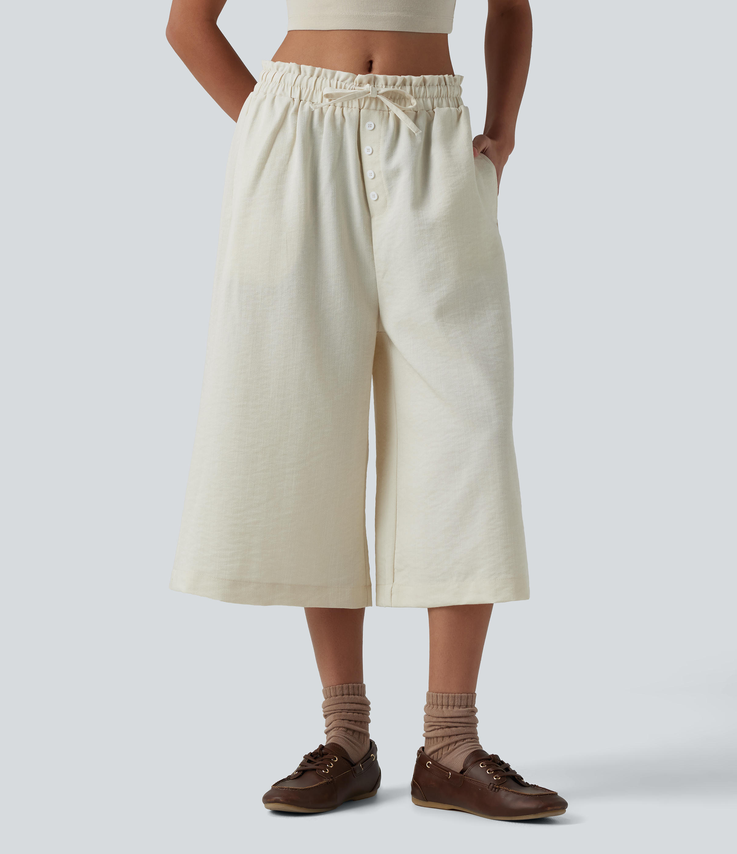 Mid Rise Drawstring Frill Trim Linen-Feel Casual Capri Baggy Pants with Pockets