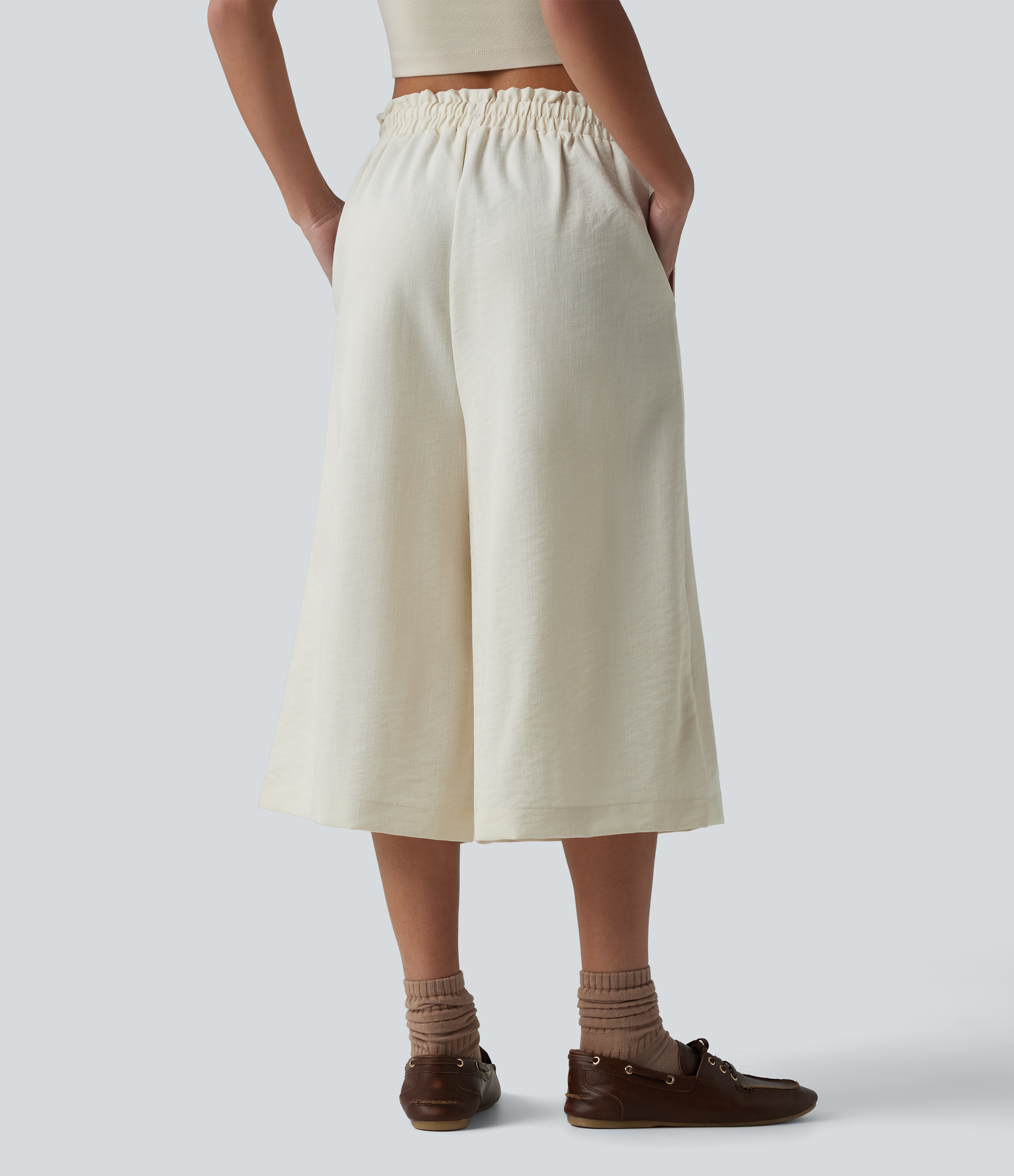 White Mid Rise Drawstring Frill Trim Linen-Feel Casual Capri Baggy Pants with Pockets / 2