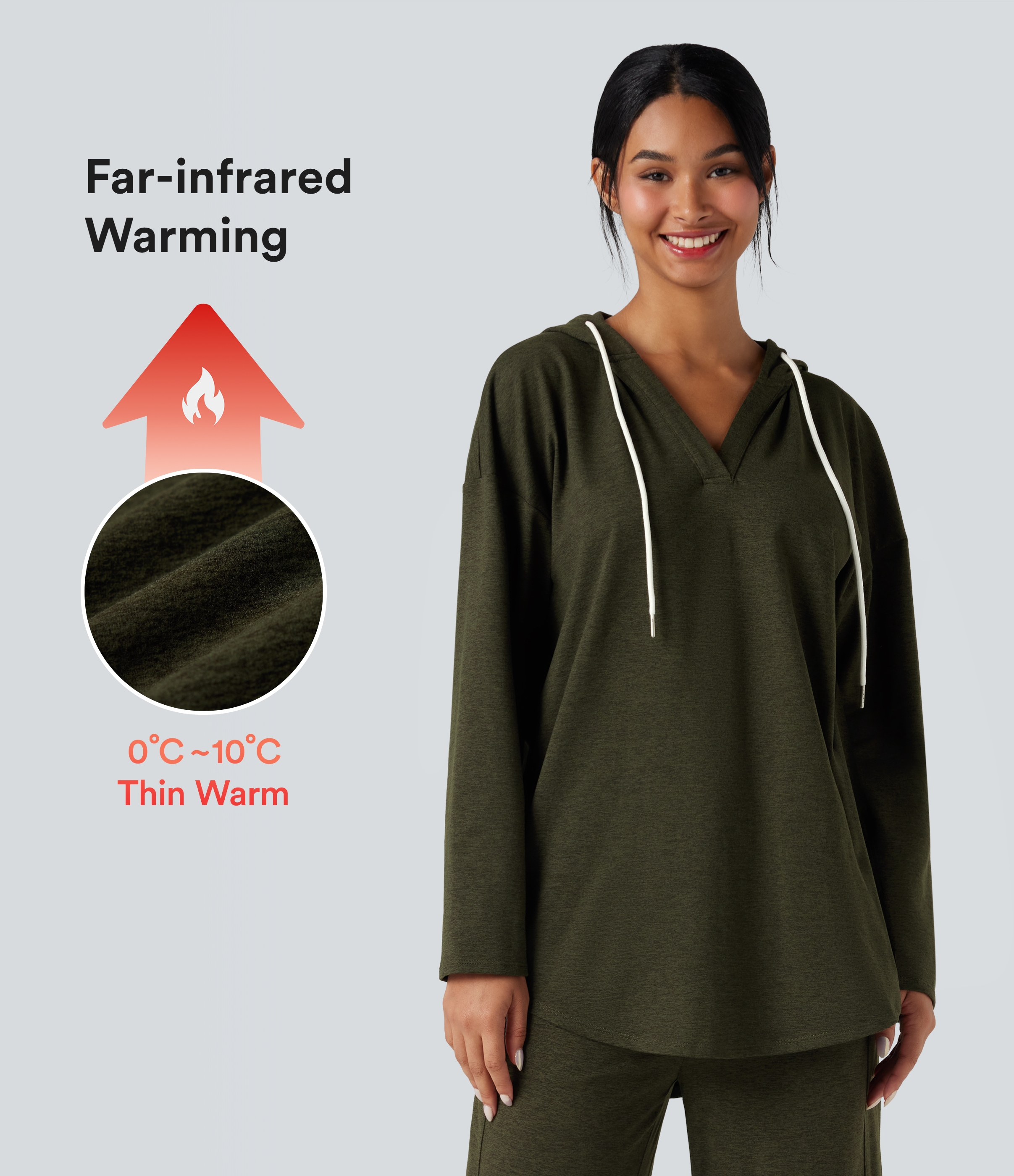 Sweat-shirt à capuche thermique oversize chiné séchage rapide ourlet arrondi - UPF40+