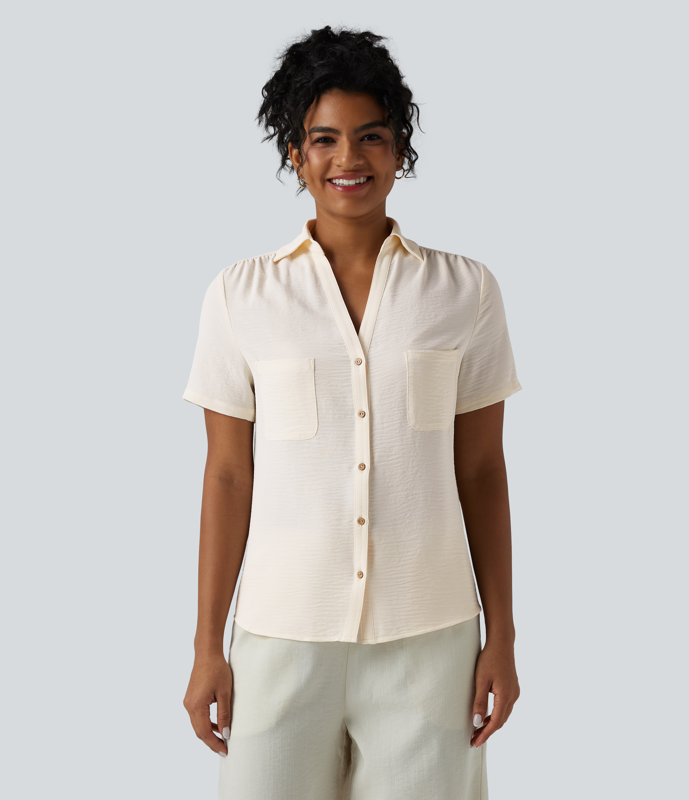 Collar Ruched Short Sleeve Curved Hem Linen-Feel Casual Shirt with Pockets