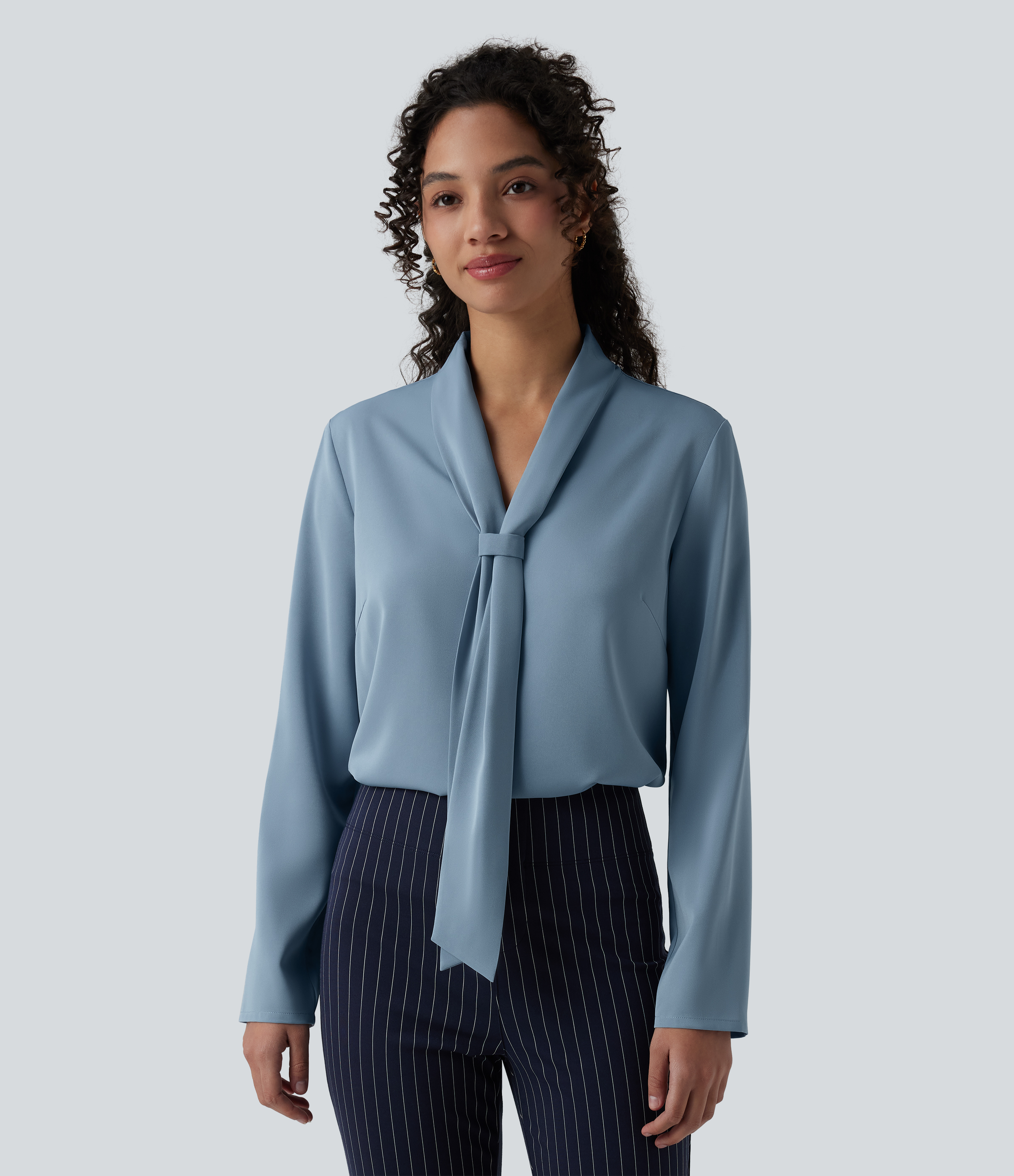 Wrinkle-resistant V-neck Long Sleeve Relaxed Work Tie Blouse