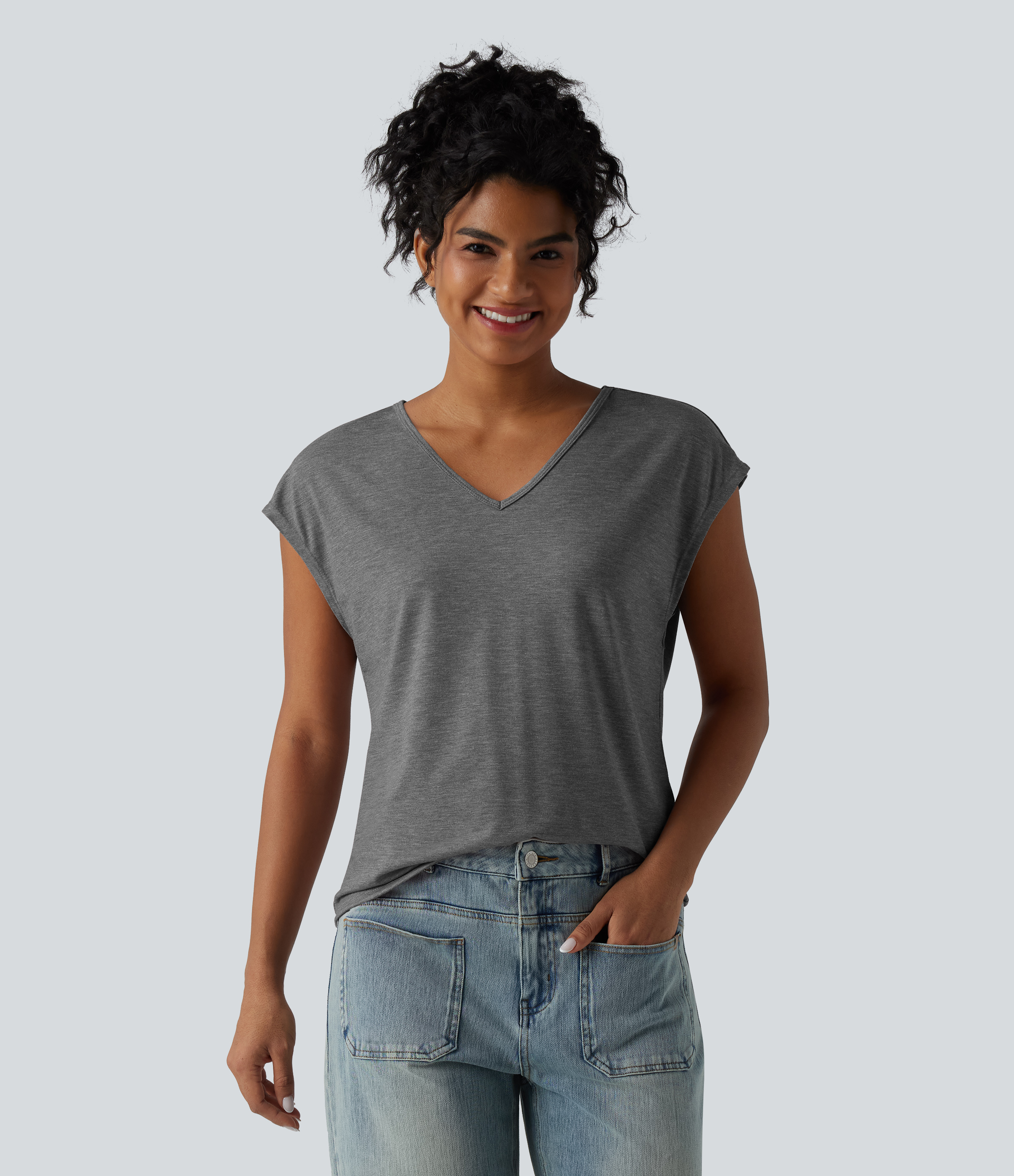 T-shirt décontracté chiné ample à manches courtes et col V