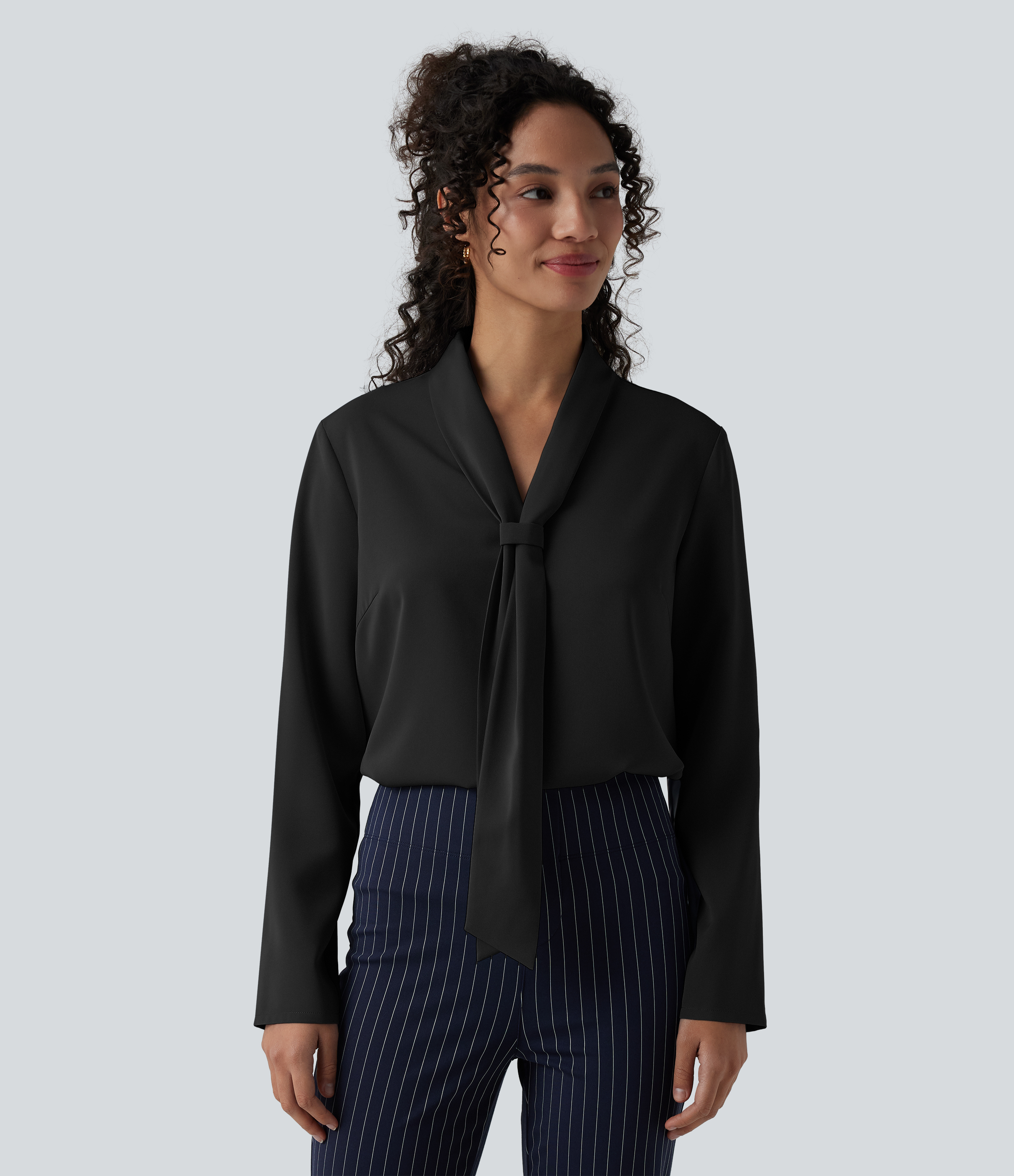 Wrinkle-resistant V-neck Long Sleeve Relaxed Work Tie Blouse