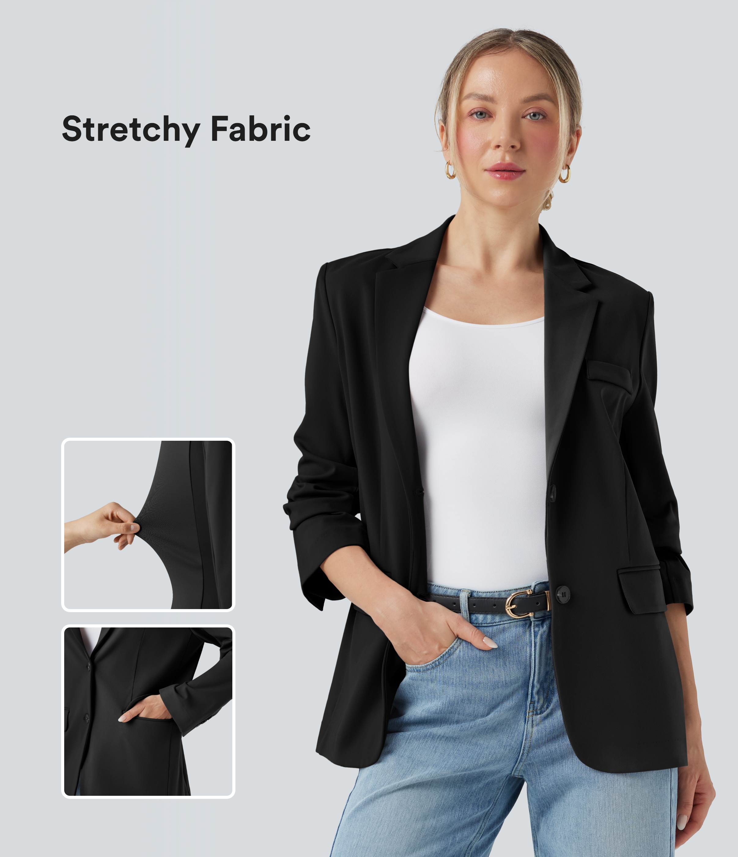DayStretch Notched Collar Long Sleeve Work Blazer with Pockets