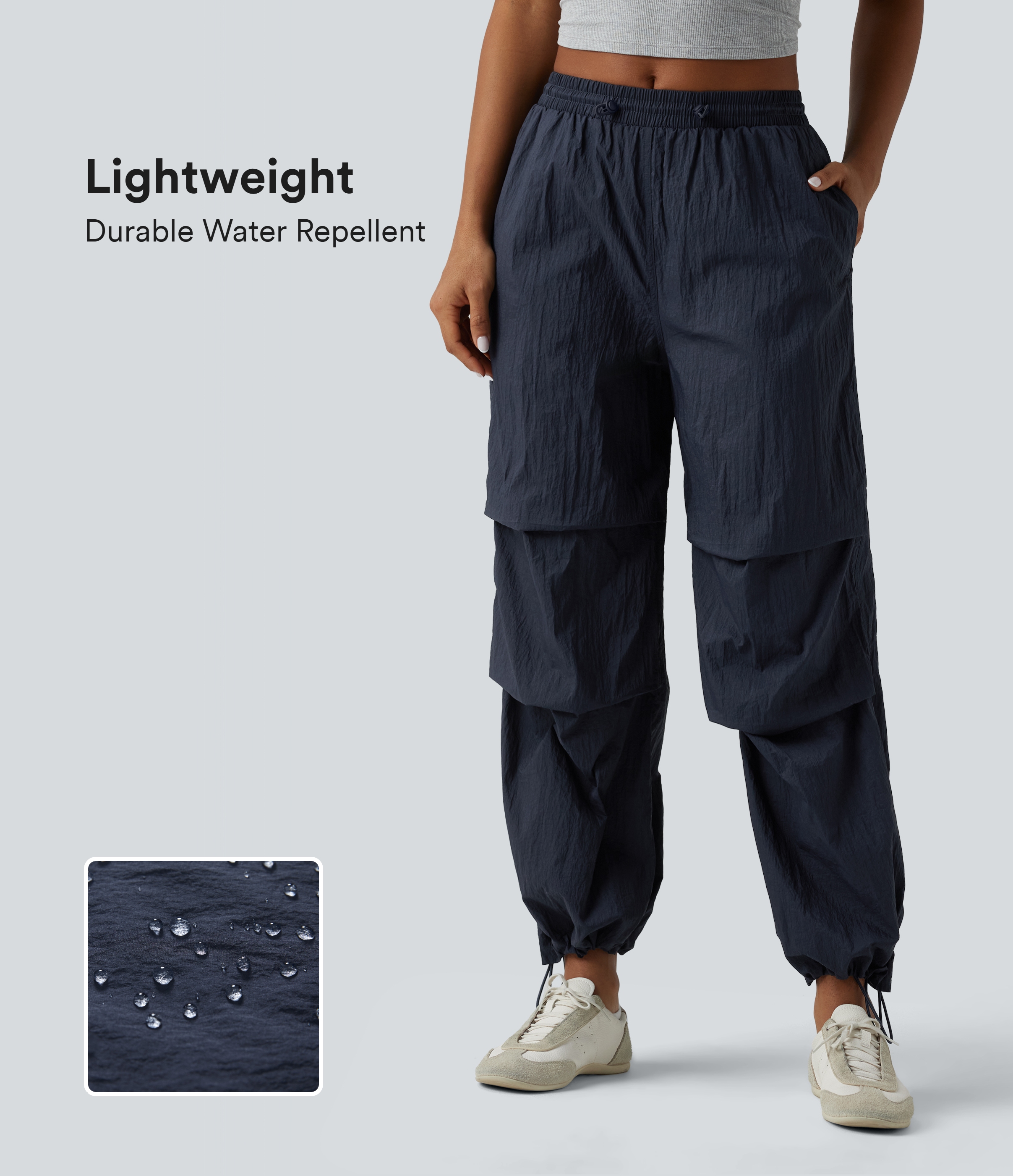 Lightweight Durable Water Repellent Mid Rise Straight Leg Casual Parachute Joggers with Pockets