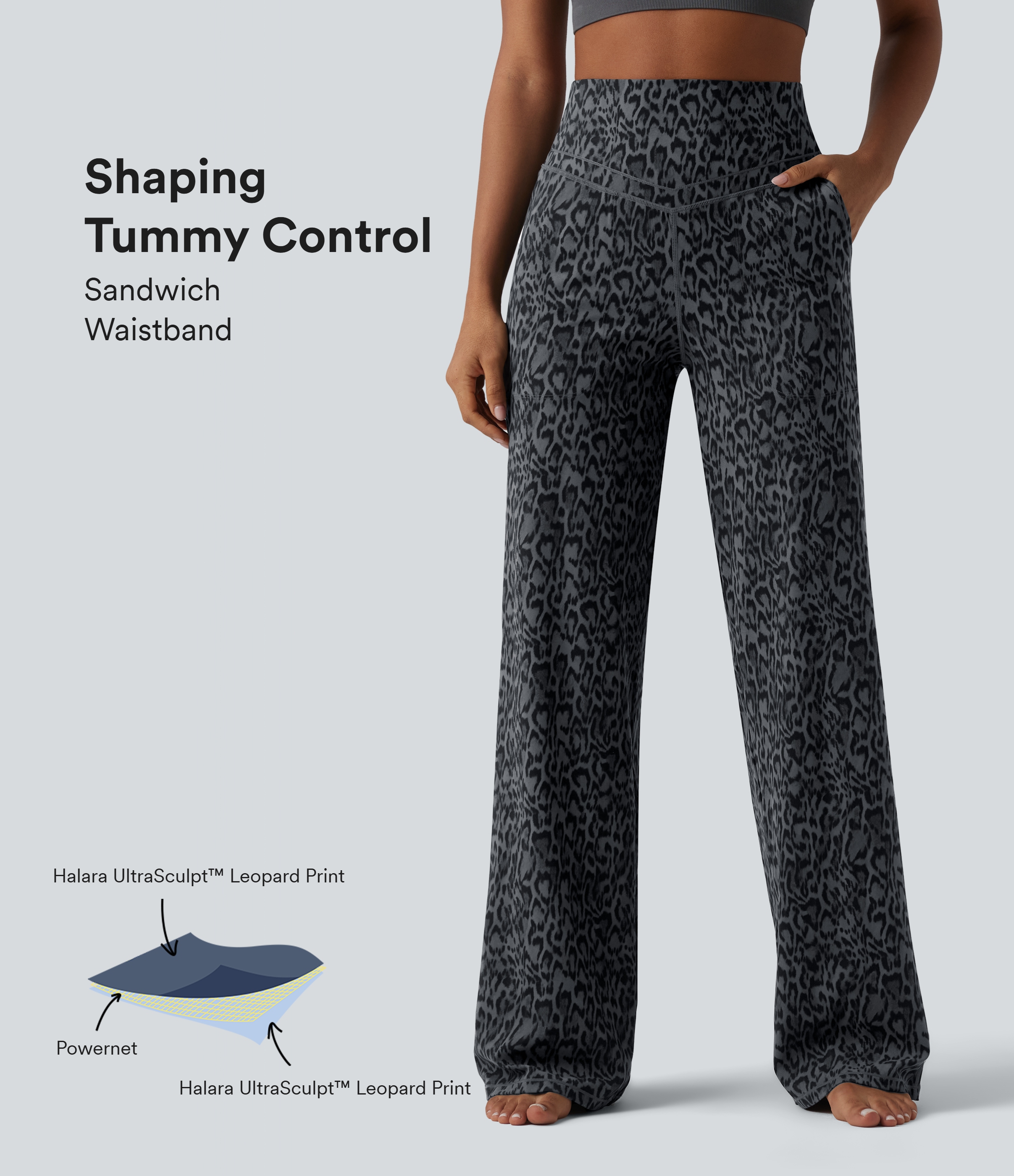 Pantalon de yoga jambes droites taille haute gainant imprimé léopard Halara UltraSculpt™ avec poches