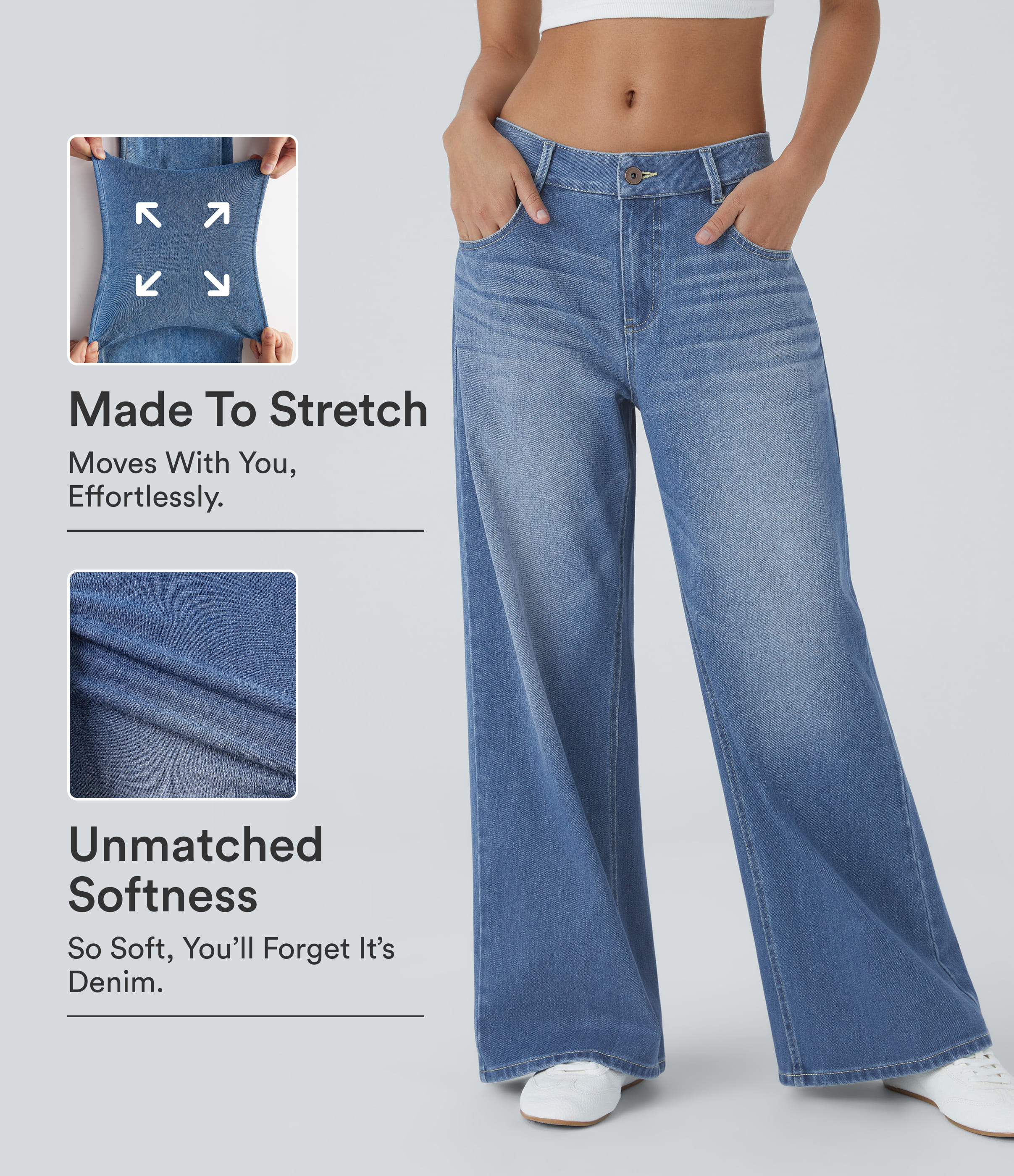 Halara Flex™ Low Rise Zipper Pockets Washed Baggy Wide Leg Casual Jeans