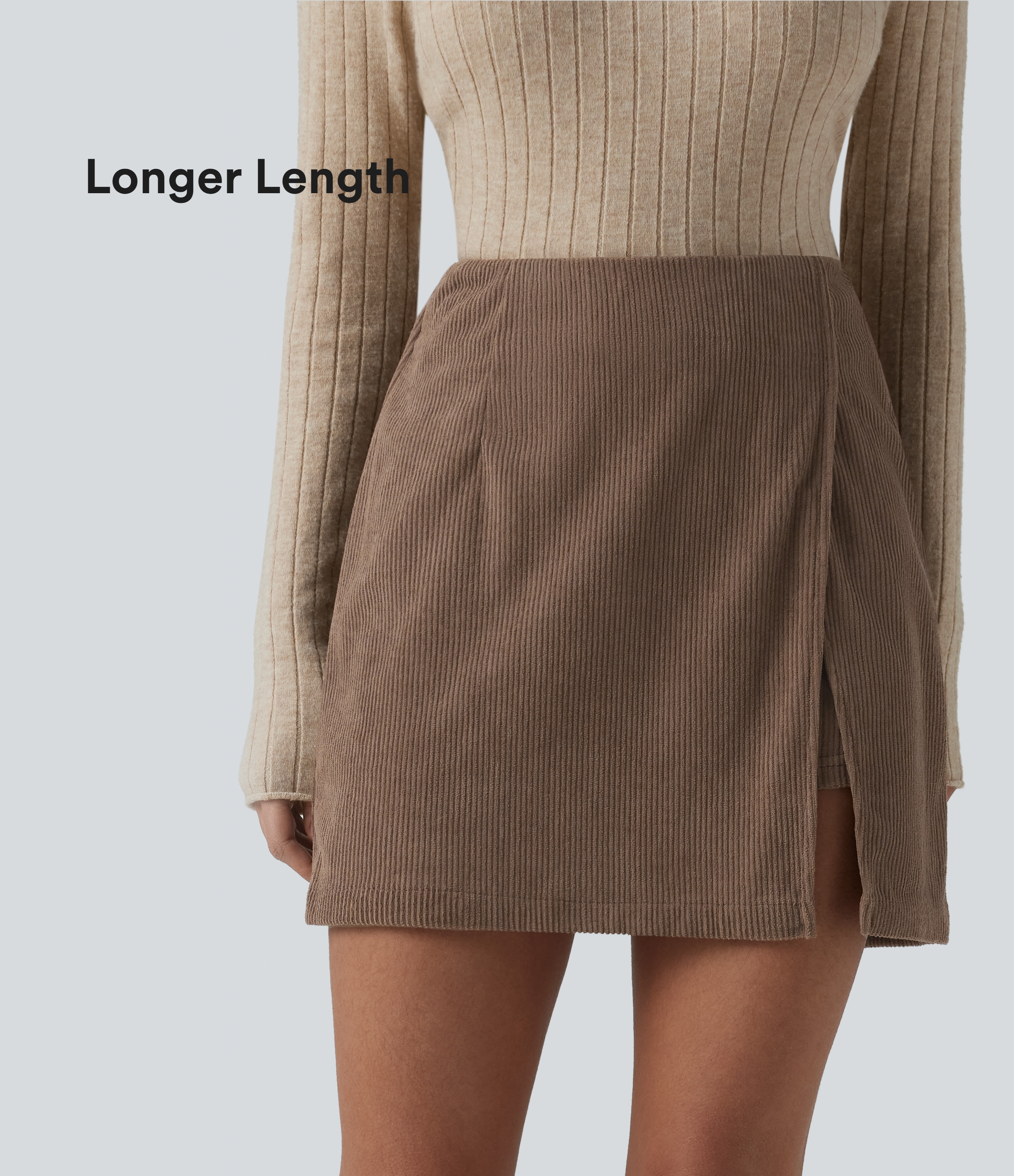 Casual 2-in-1 corduroy skirt with high waist, zipper and slit - extra long