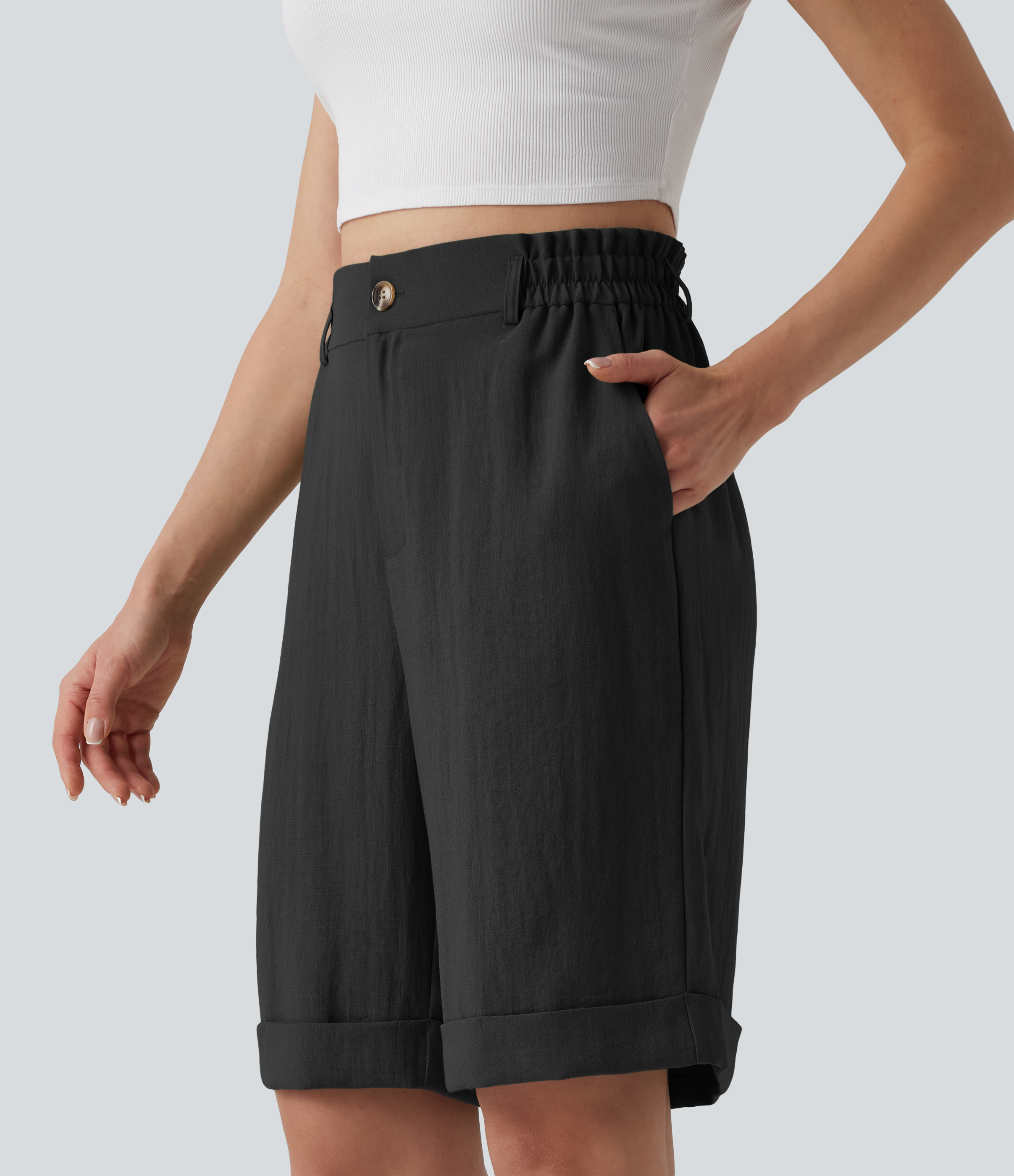 Bermuda resort taille haute effet lin avec ourlet roulotté et poches