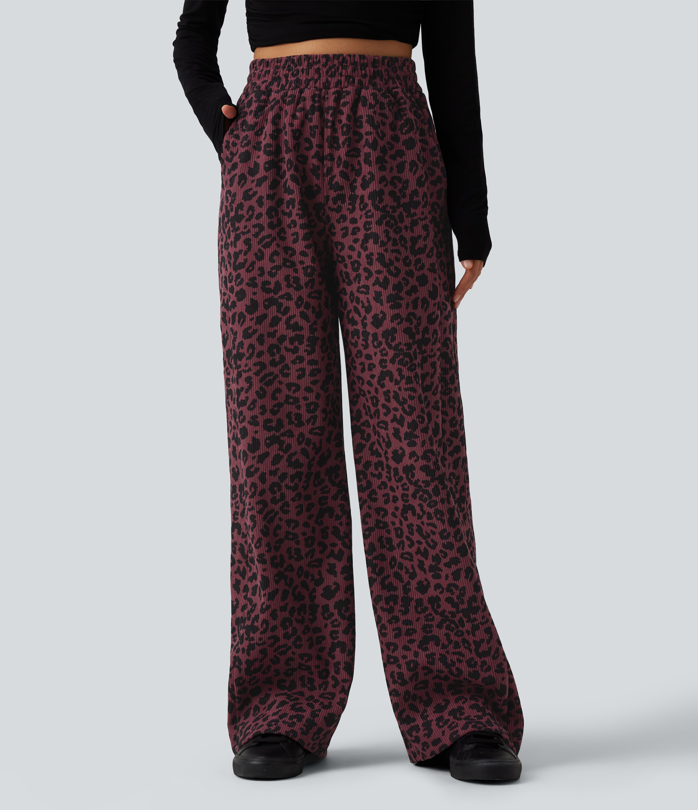 Pantalones casuales de pana con estampado de leopardo, cintura alta y pierna recta, con bolsillos