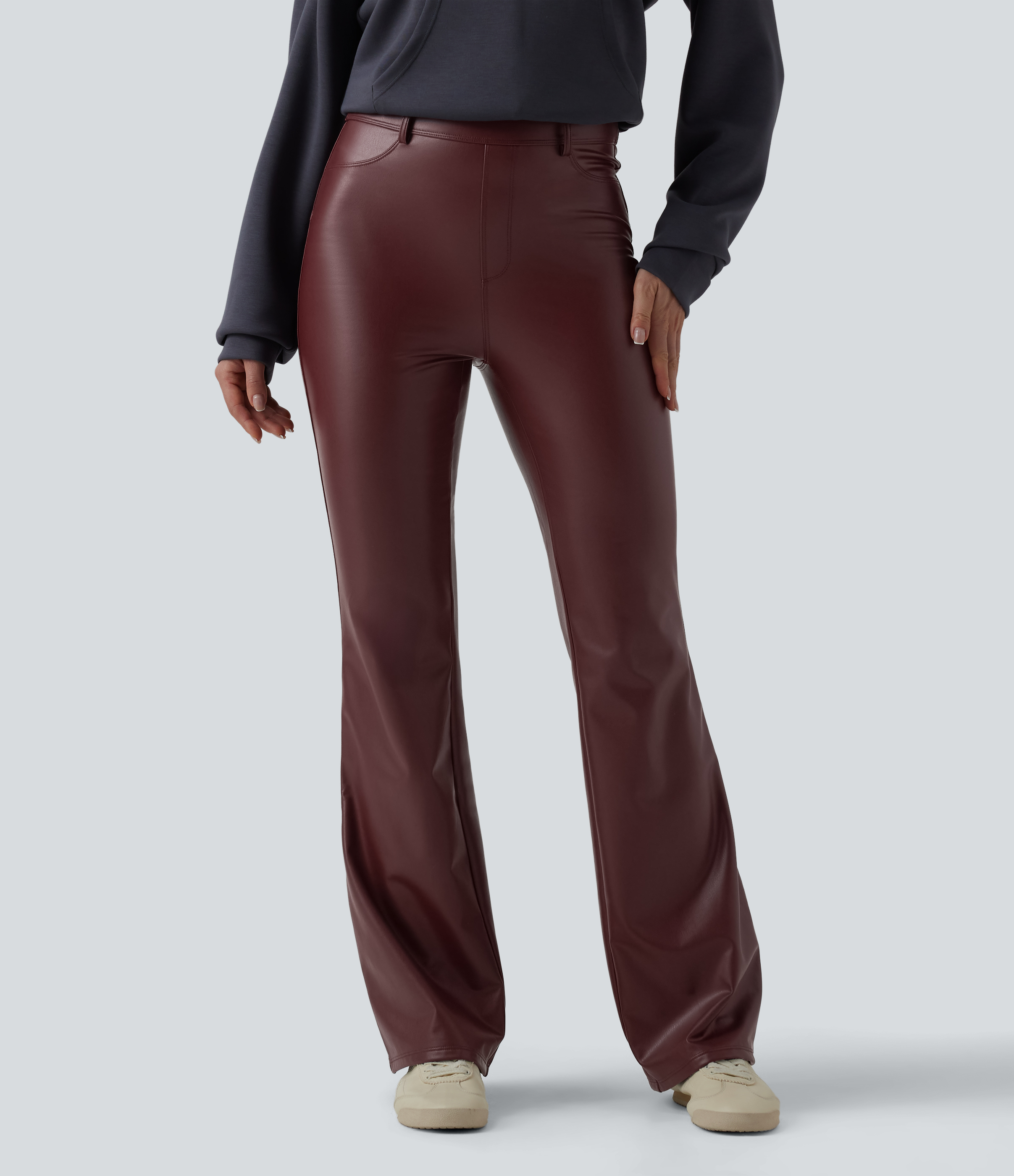 Andorra Pantalon évasé décontracté taille haute en tissu enduit doublé polaire extensible avec poches / 2