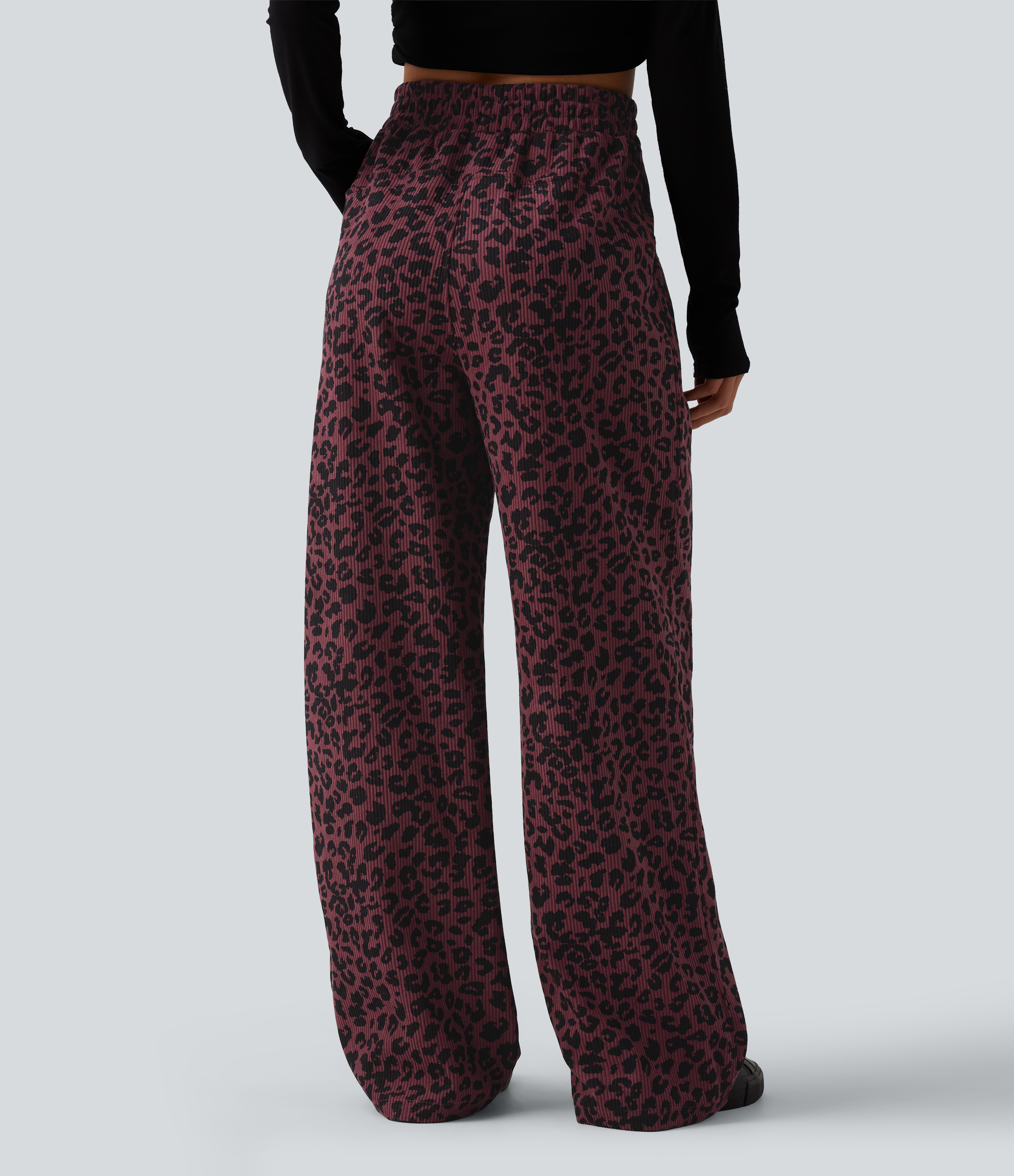 Merlot Leopard High Waisted Straight Leg Mop Leopard Print Corduroy Casual Pants with Pockets / 2