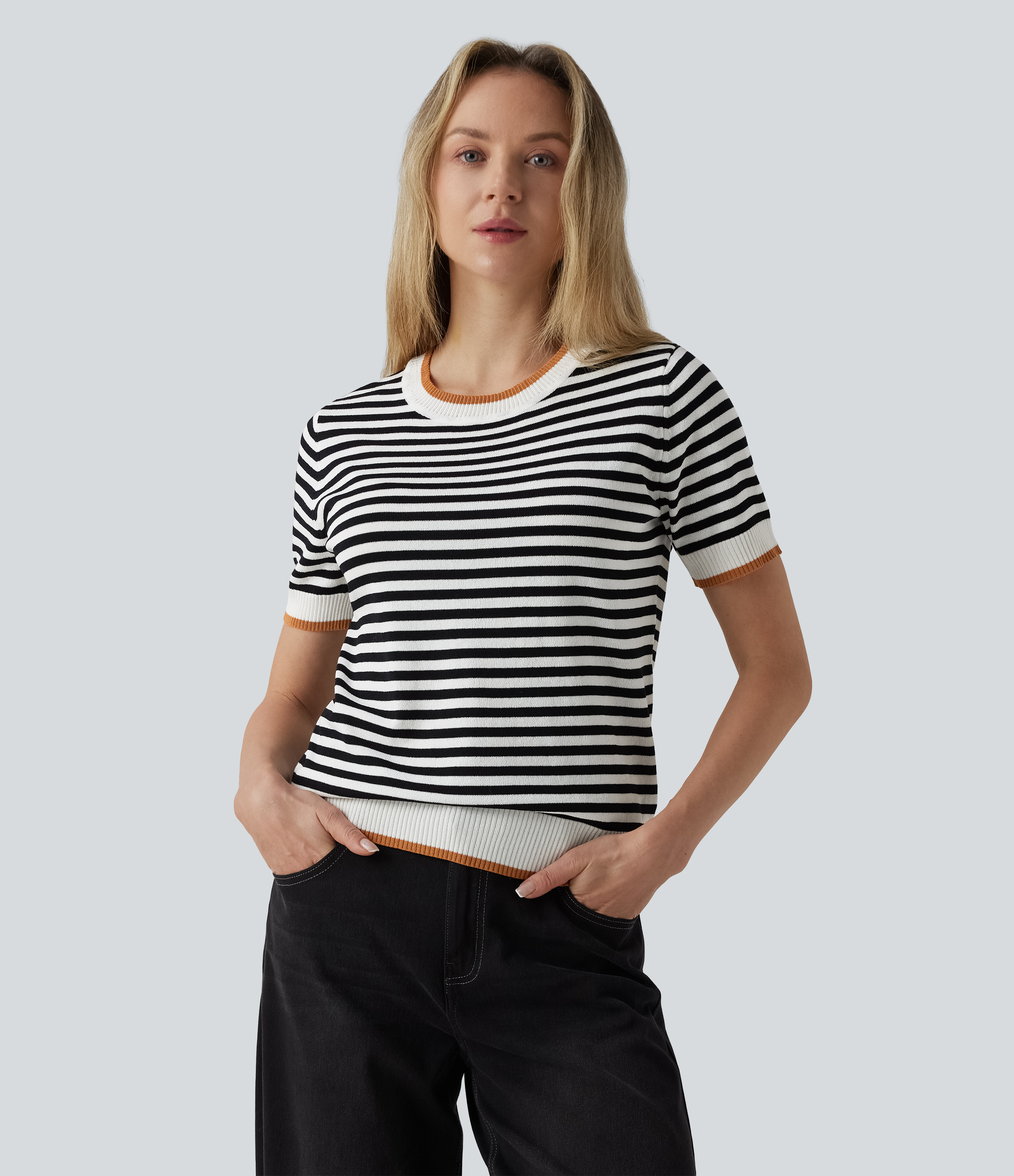 Crew Neck Short Sleeve Stripe Casual Sweater