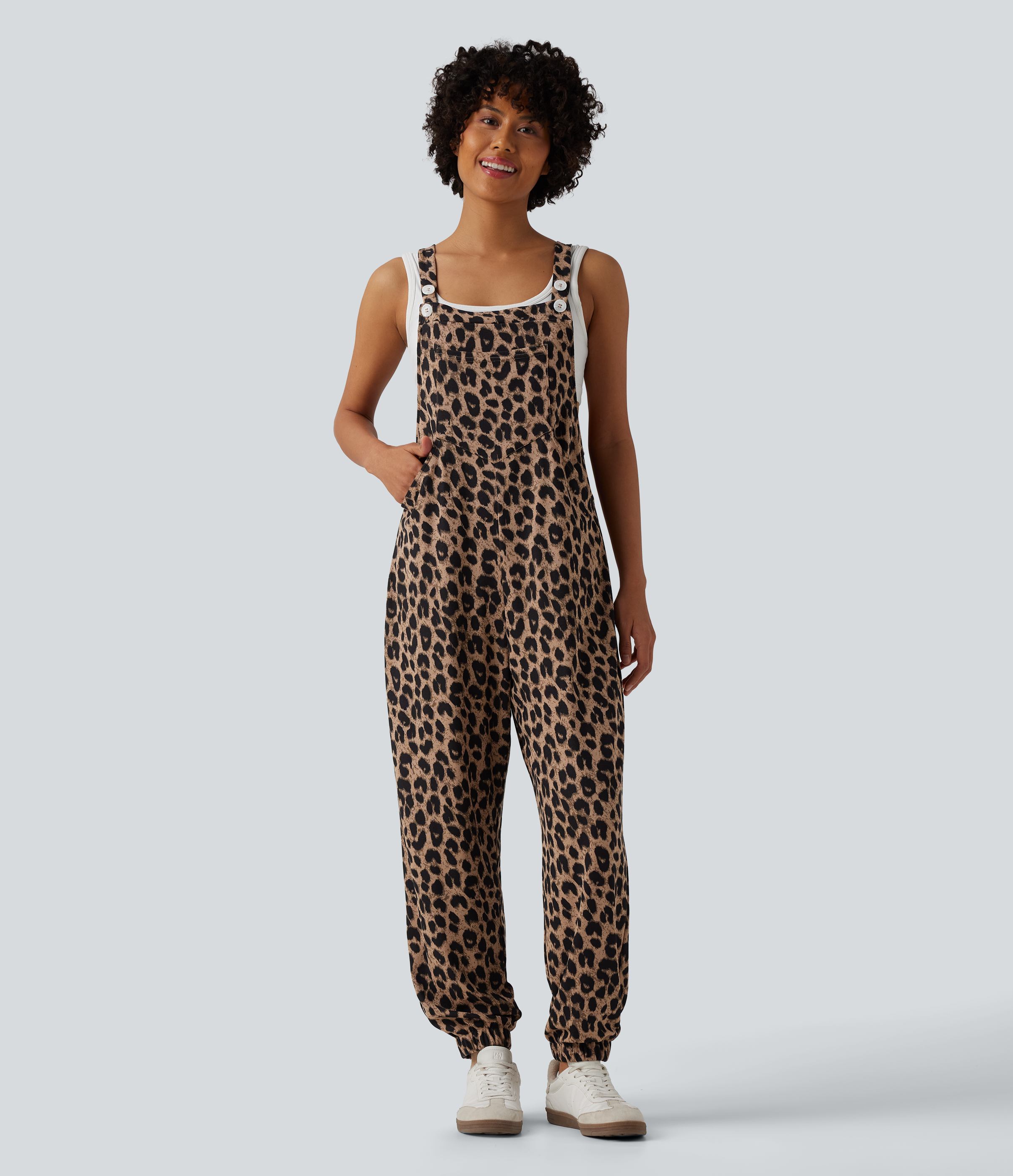 Adjustable Straps Leopard Print Waffle Casual Jogger Dungarees with Pockets