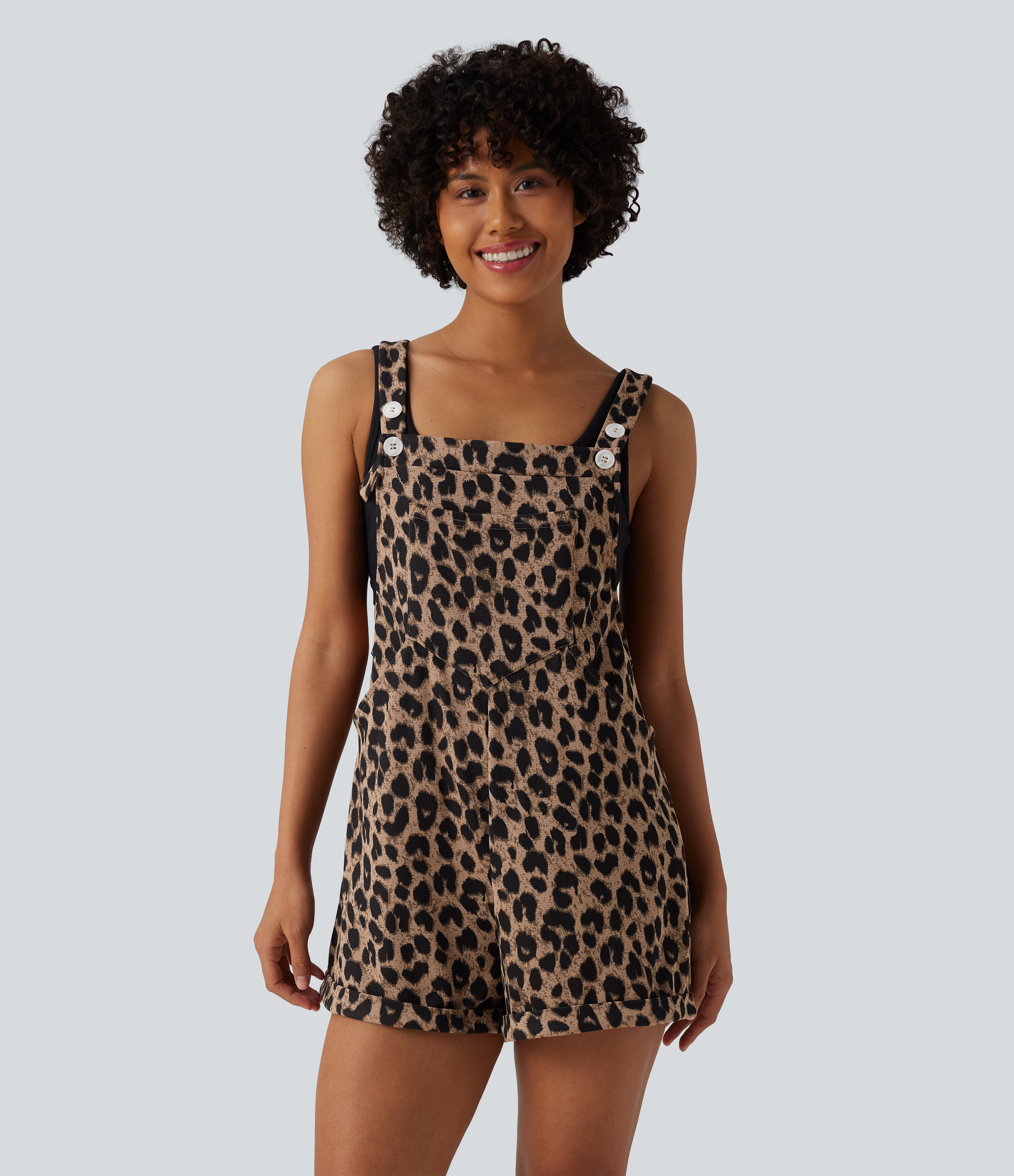 Leopard Print Waffle Casual Short Overalls with Pockets