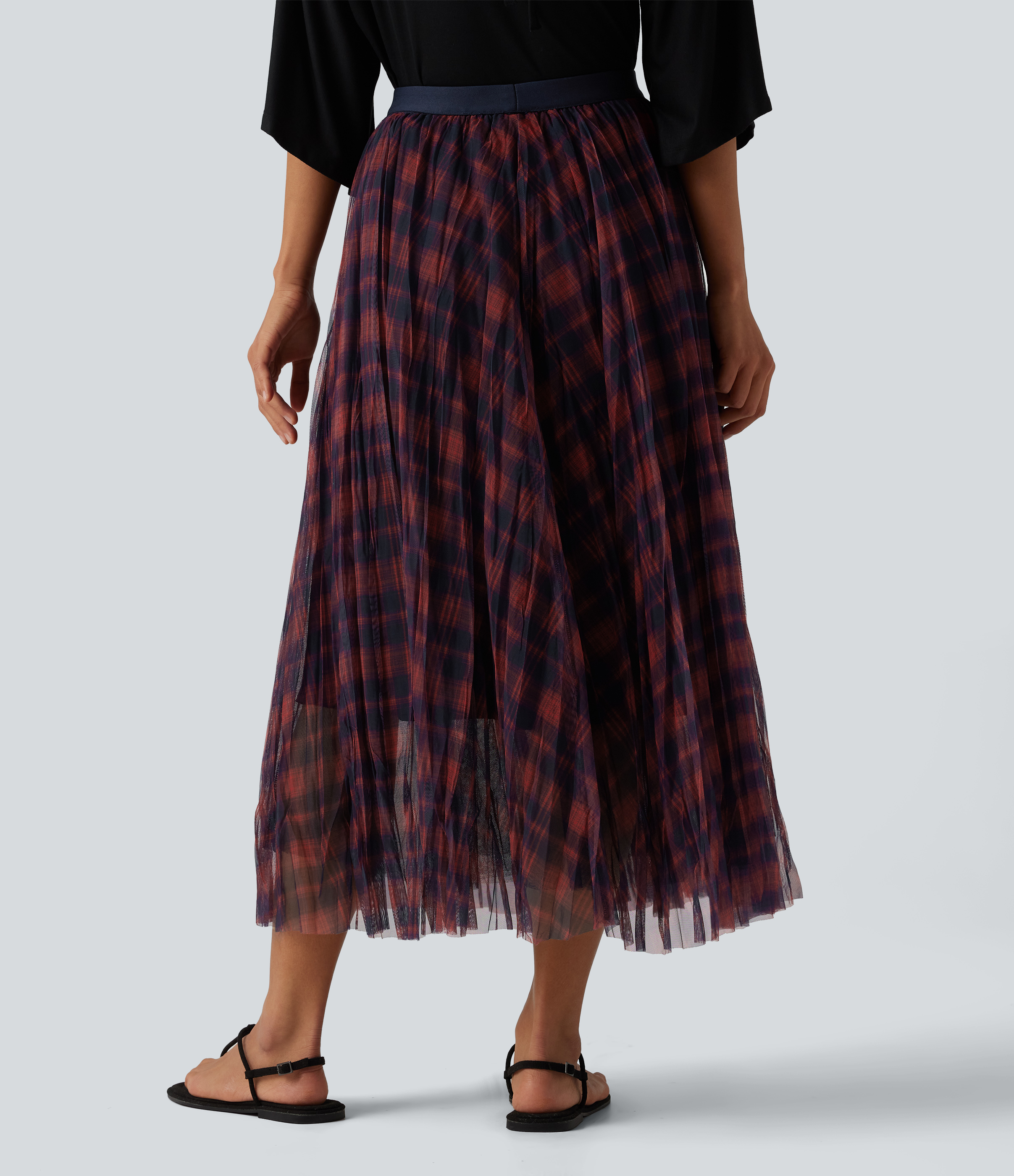 Wine Red Square High Waisted Plaid Maxi Casual Skirt / 2
