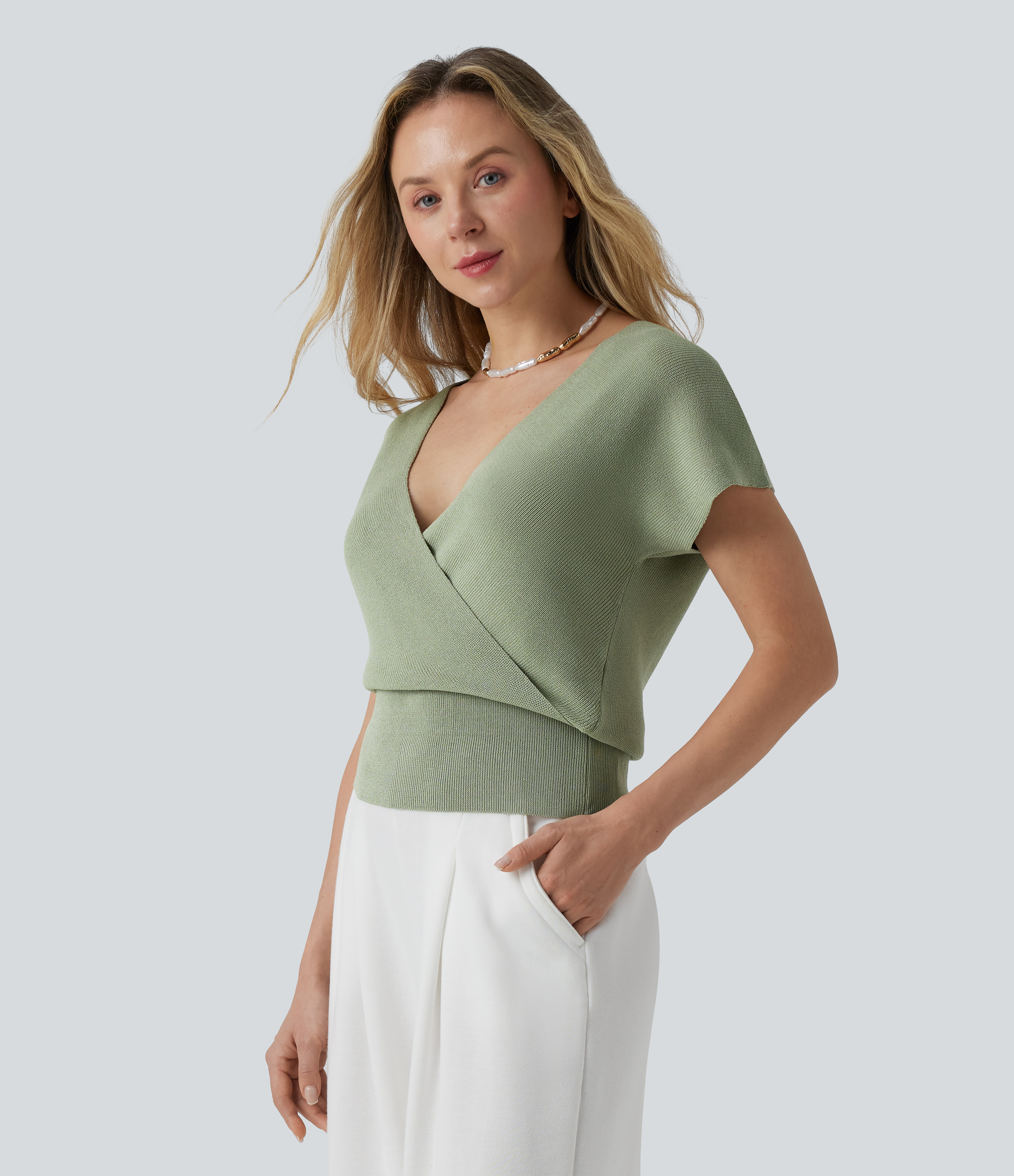 V-neck Crossover Short Sleeve Casual Sweater