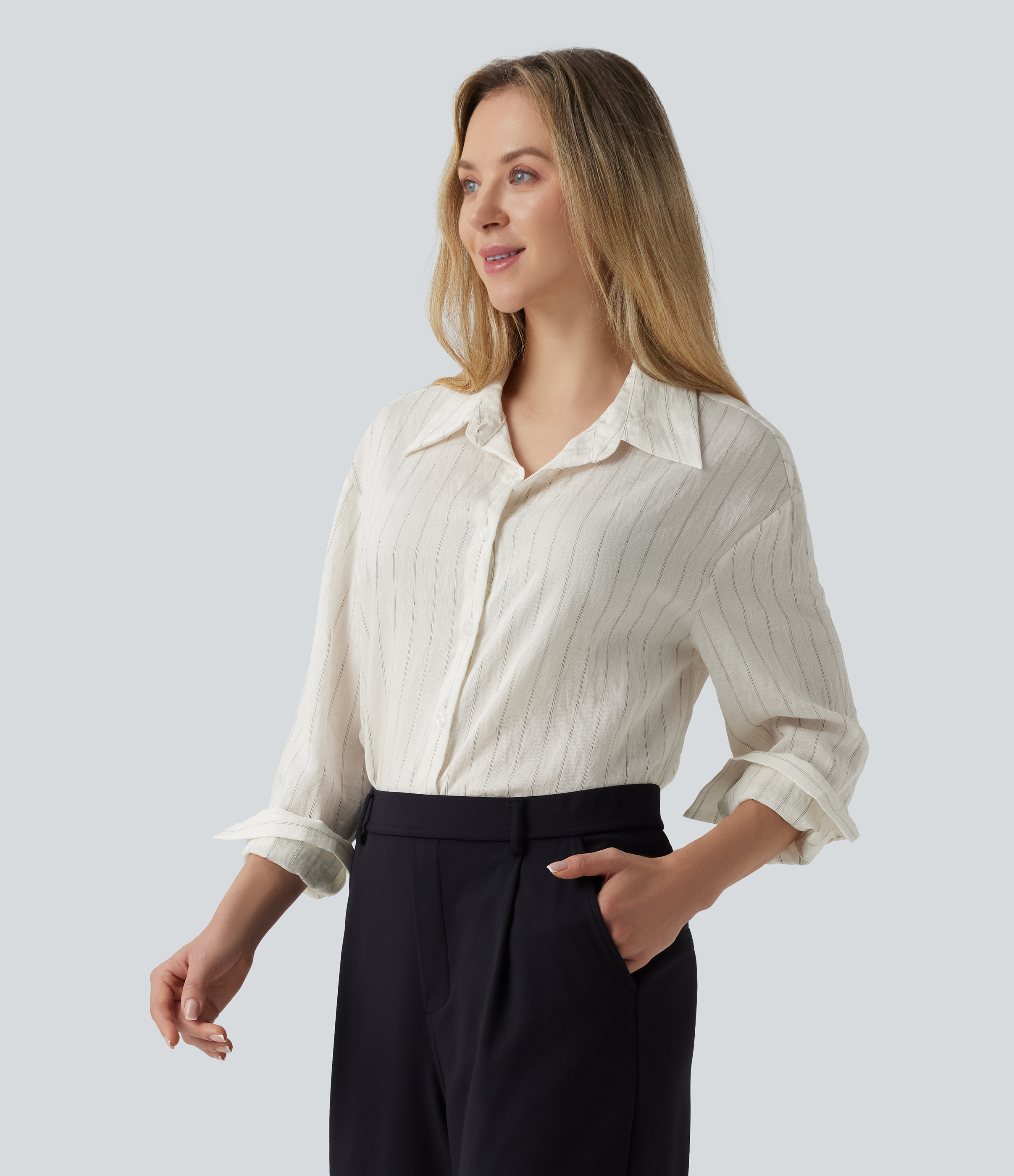 Long Sleeve Stripe Work Linen-Blend Shirt