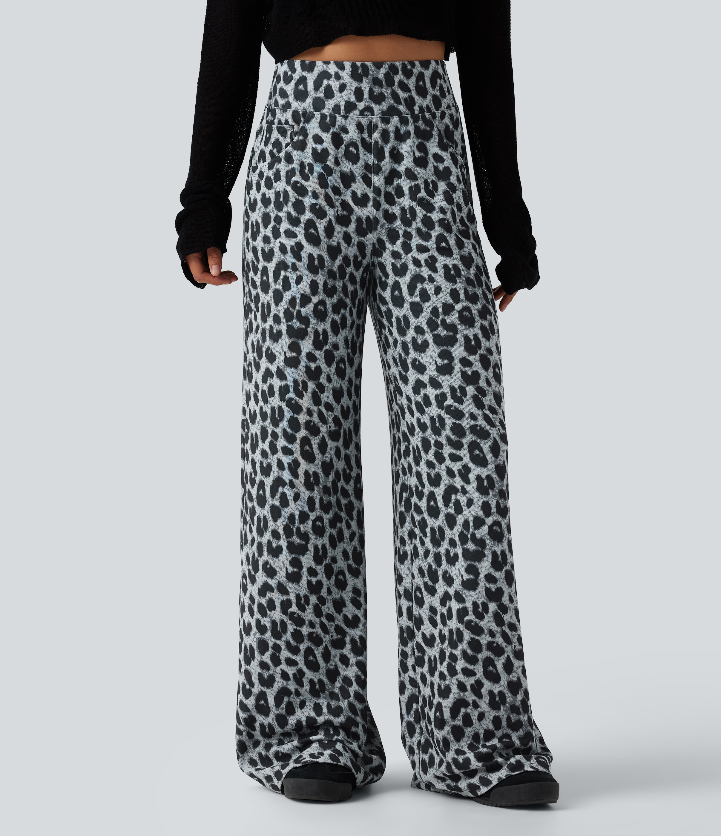 High Waisted Leopard Waffle Casual Baggy Pants with Pockets