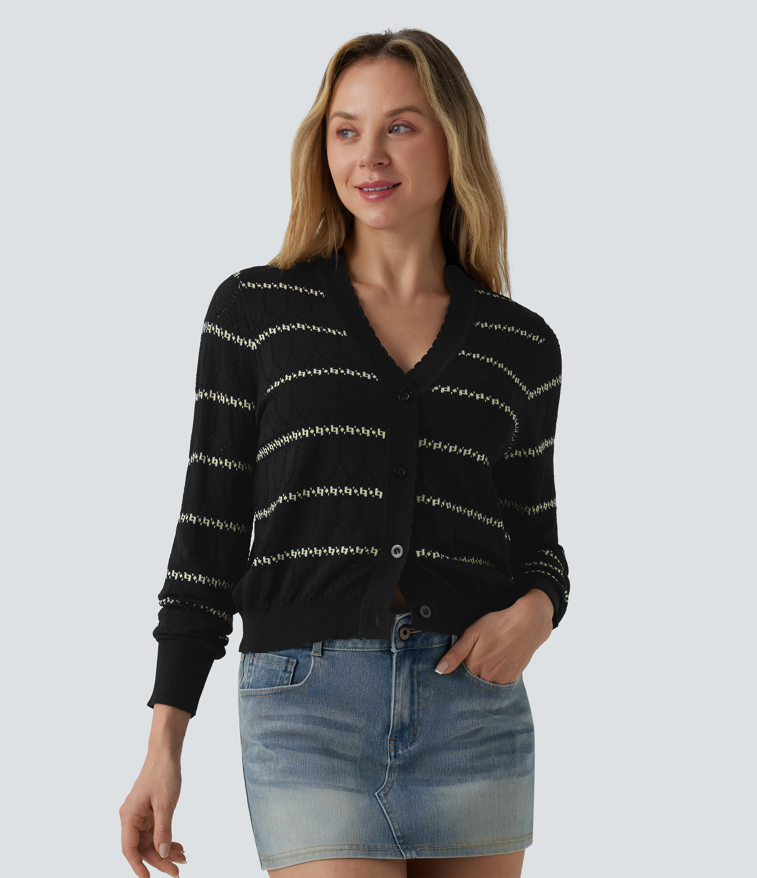 V Neck Long Sleeve Color Block Sweater Knit Cardigan