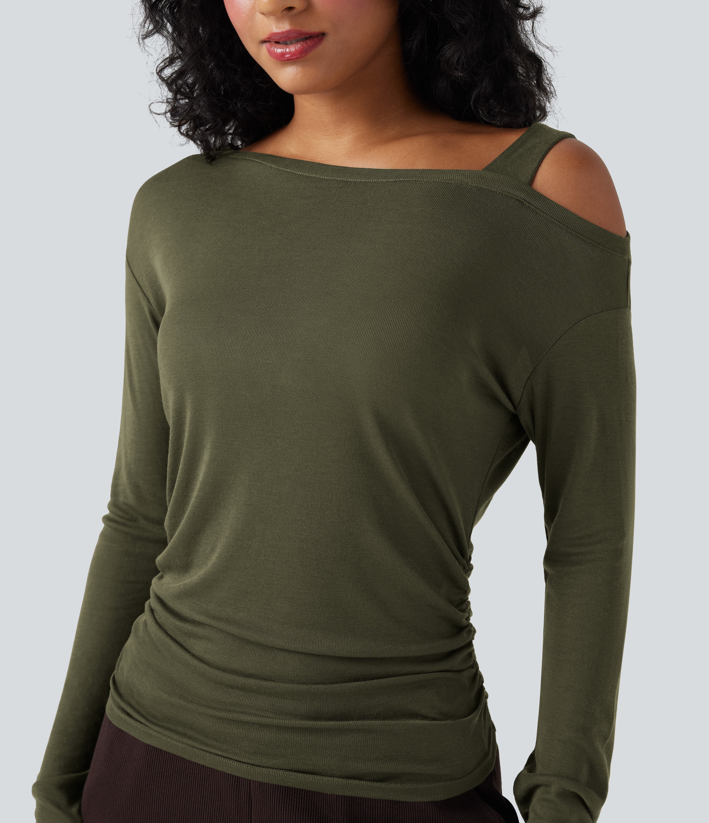 Asymmetrisches, einseitig schulterfreies Langarm-Freizeit-T-Shirt aus Wollmischung