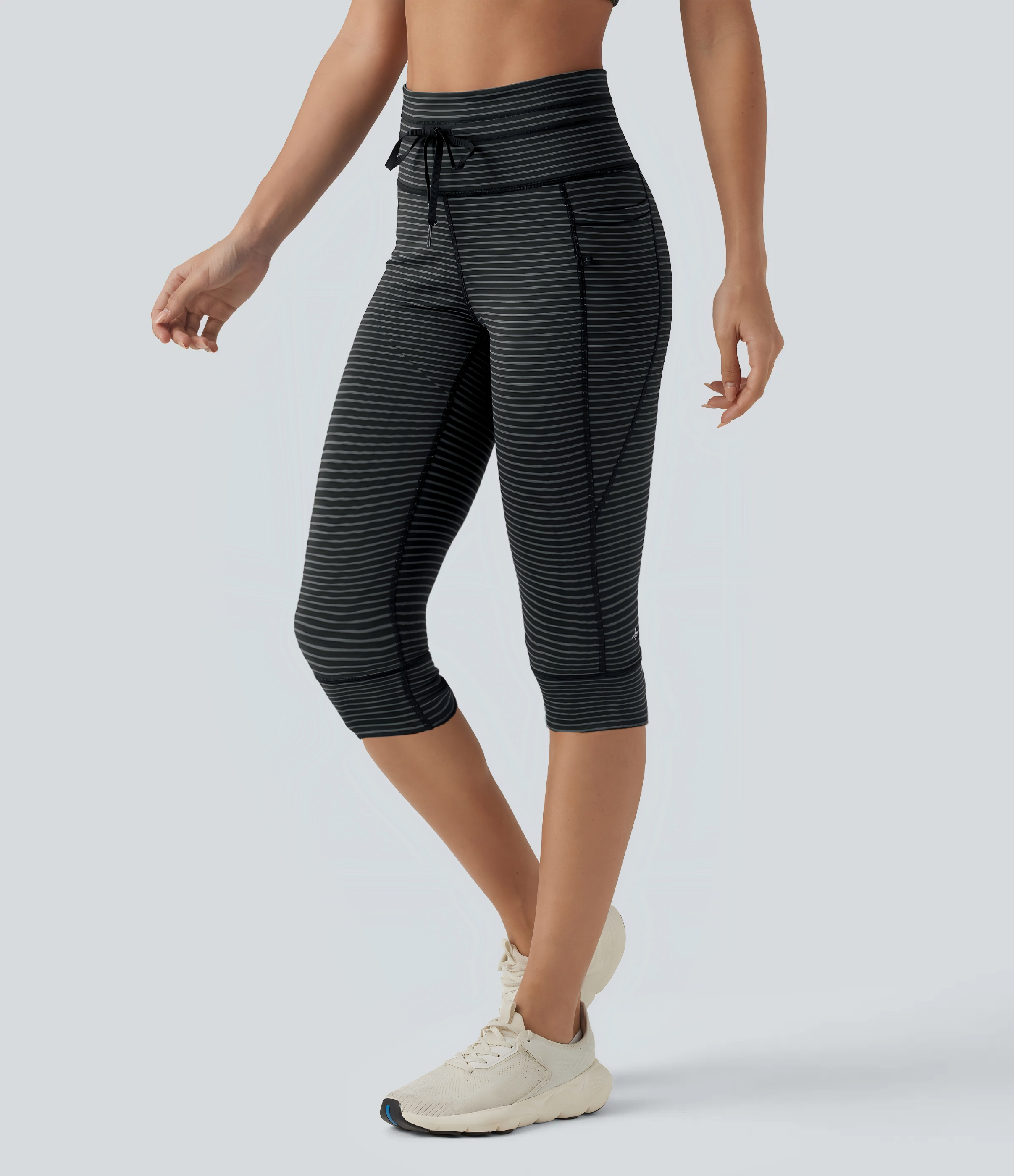 High Waisted Drawstring Stripe Pedal Pusher Yoga Leggings with Pockets