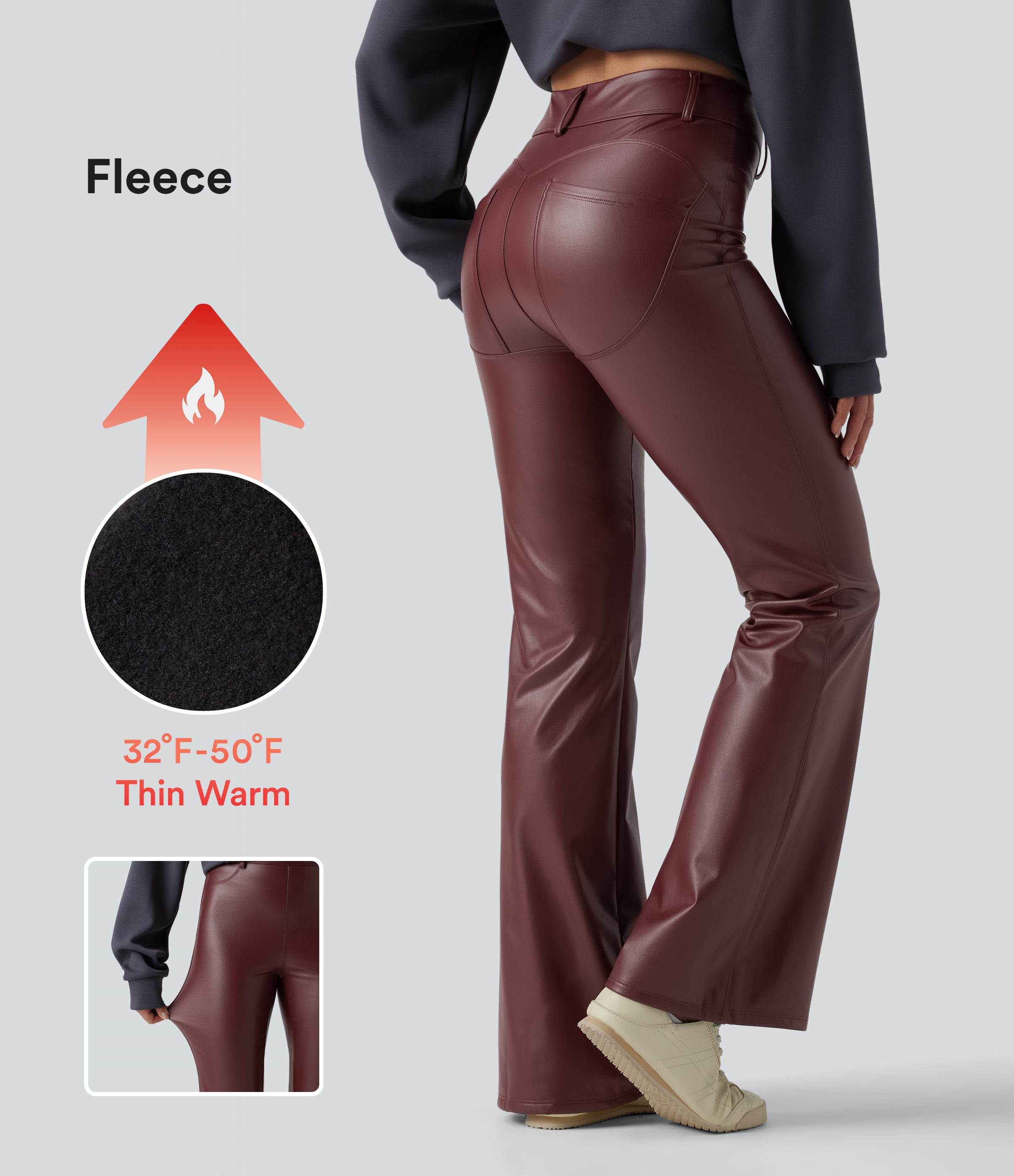 High Waisted Stretchy PU Fleece Casual Flare Pants with Pockets