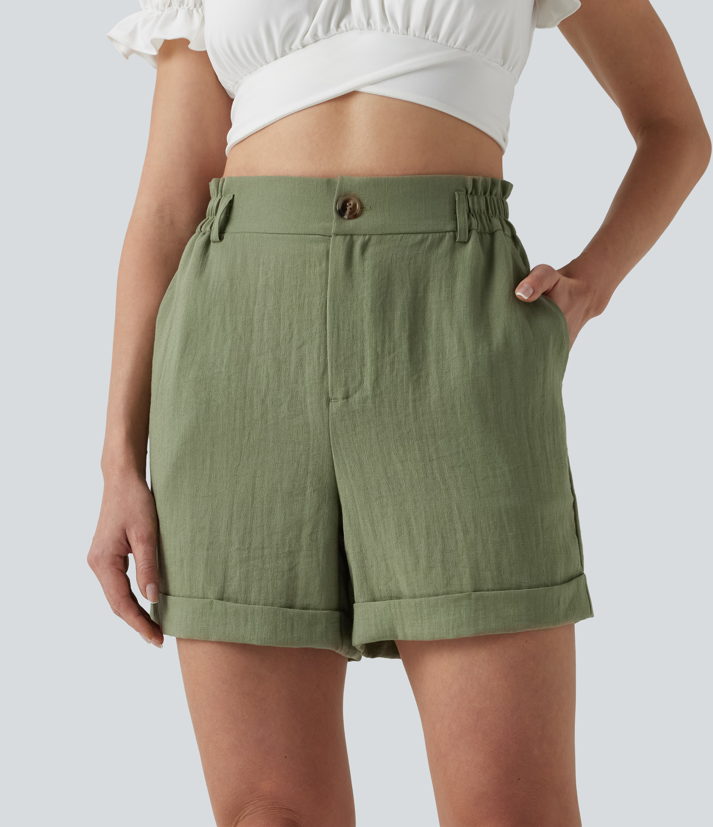 Short resort 12,5 cm taille haute effet lin avec ourlet roulotté et poches