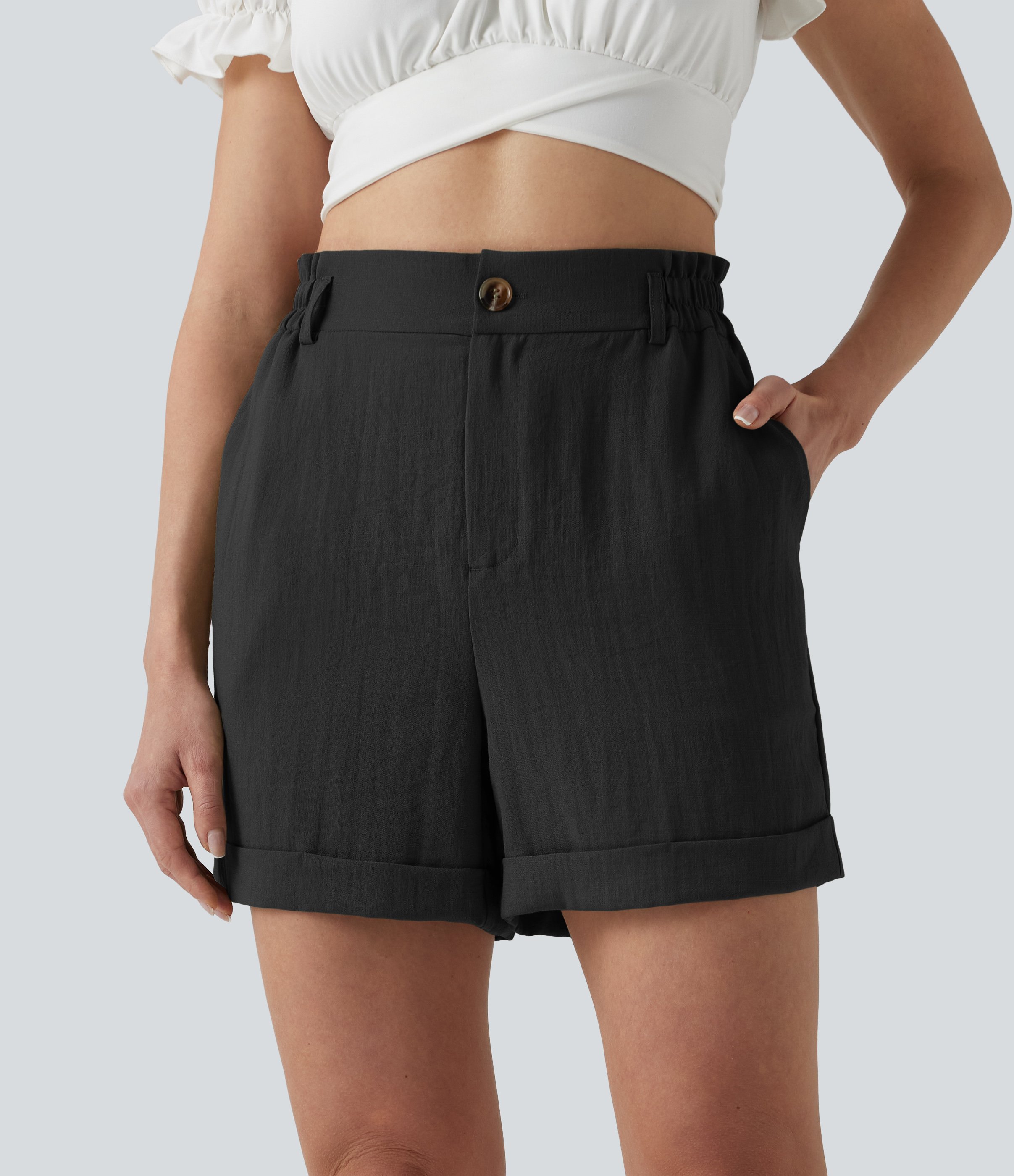 Short resort 12,5 cm taille haute effet lin avec ourlet roulotté et poches